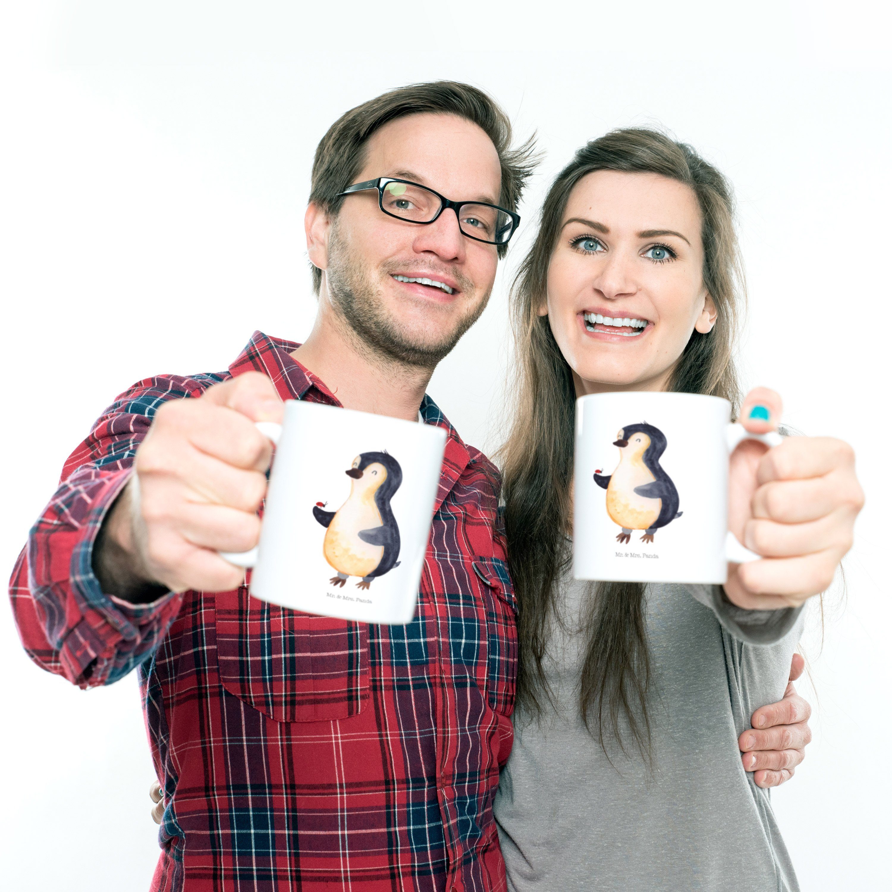Mr. & Geschenk, Panda Pinguin Marienkäfer Kinderbecher - Glück, Tasse, Weiß Kaffe, Mrs. Kunststoff Kunststoff 