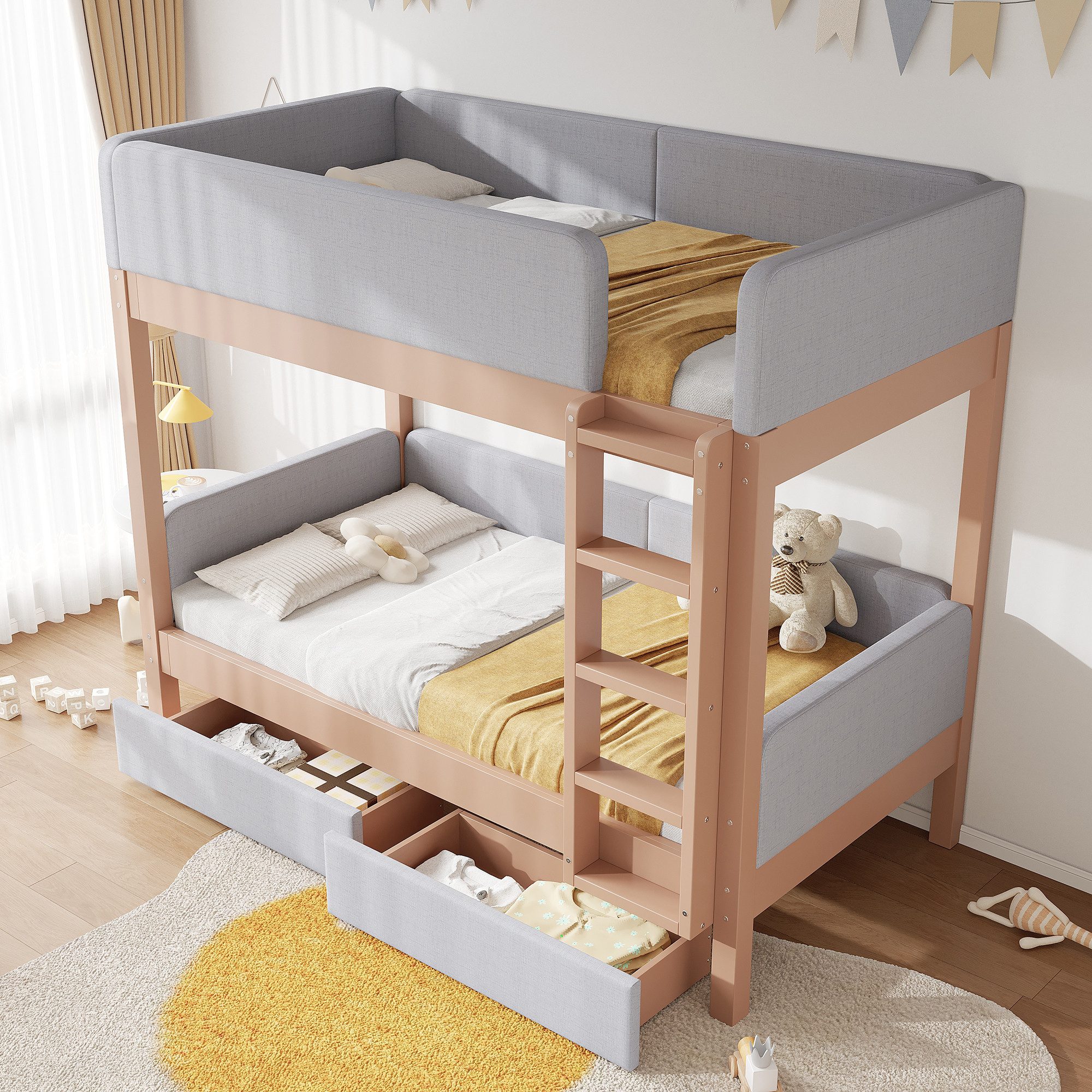 Flieks bunk bed, children's bed 90x200cm with anti-collision sponge edge and 2 drawers