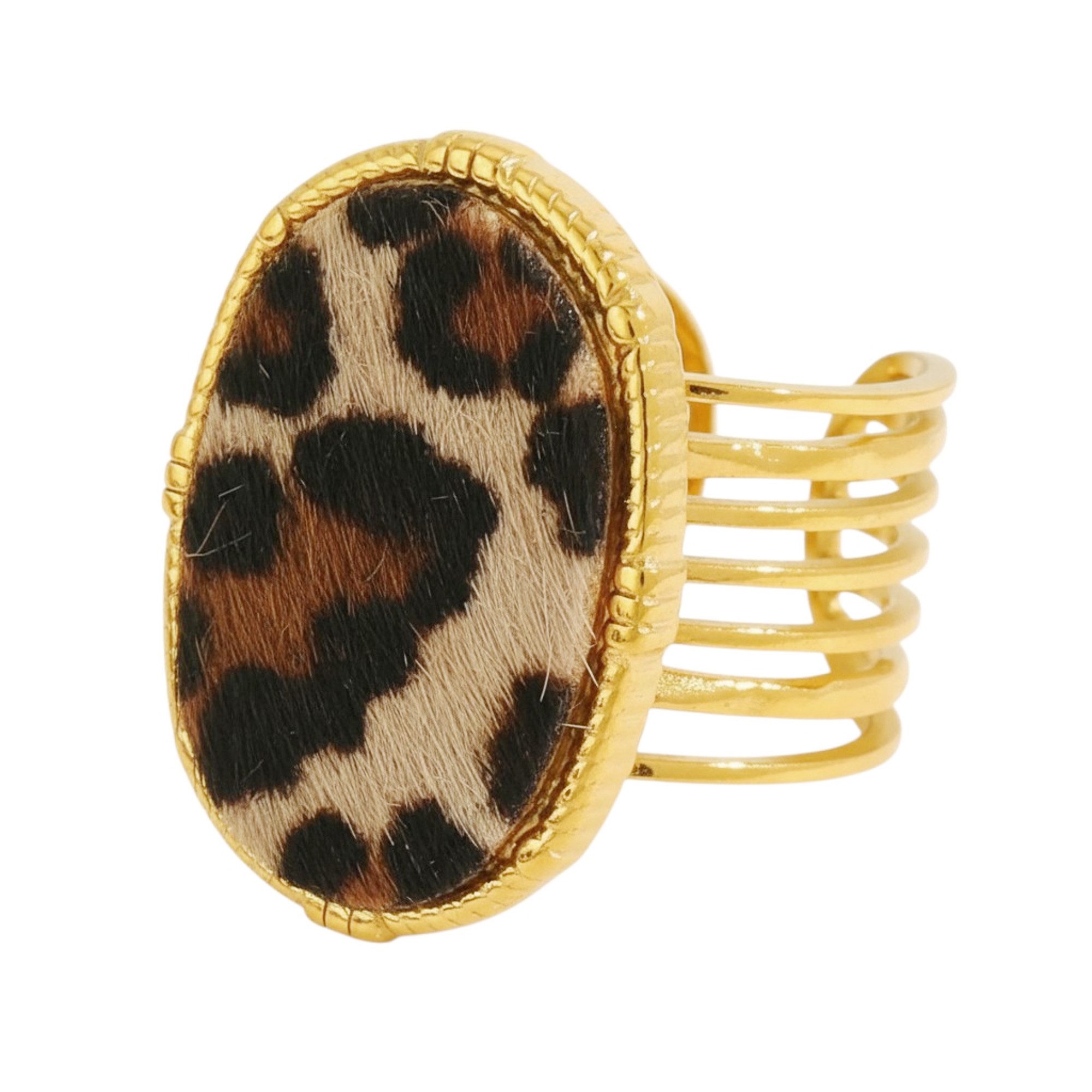 KARMA Fingerring Statement Ring Damen Leopardenmuster (Geschenk für Sie, Damenschmuck), Edelstahl vergoldet (Verstellbar)