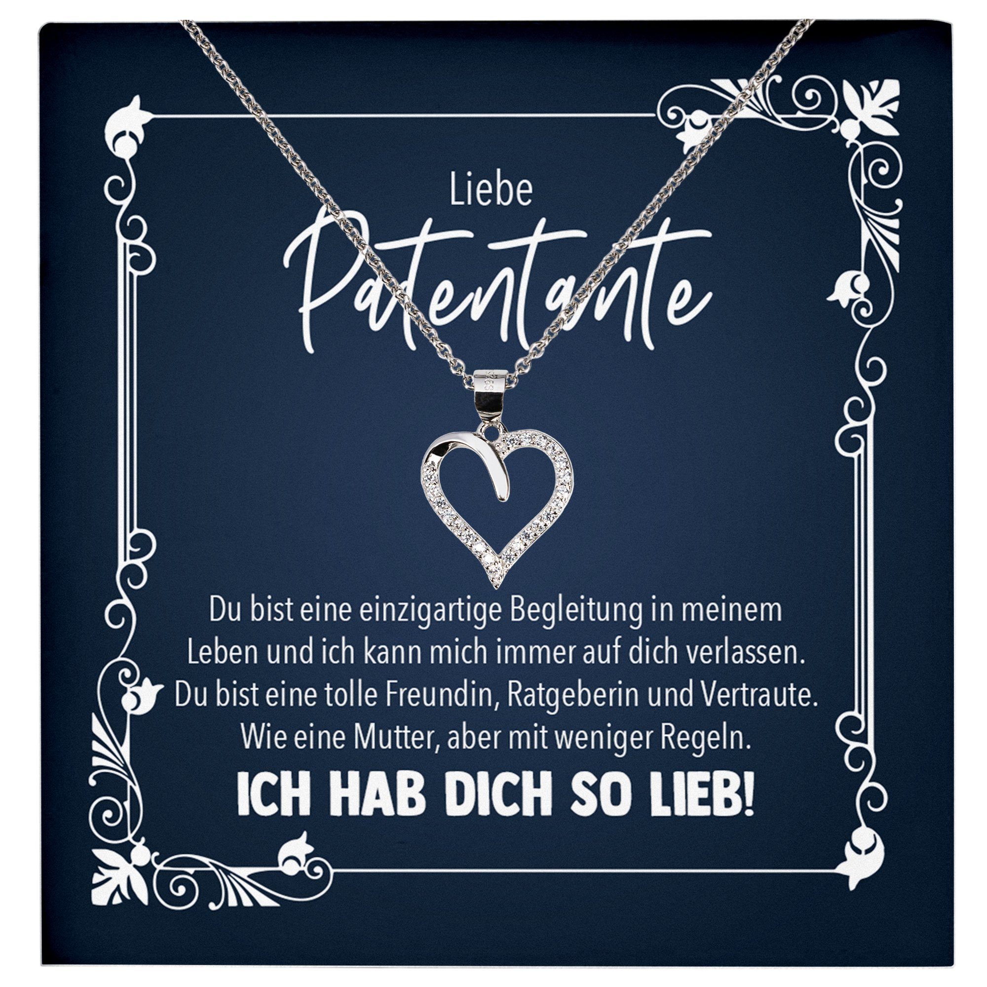 22Feels Schmuckset Patentante Geschenk Patin Frauen Schmuck Herz Halskette Karte (inkl. Geschenktasche, Karte(n), Poliertuch, Beutel), Echt-Silber 925/000, Karte Made In Germany