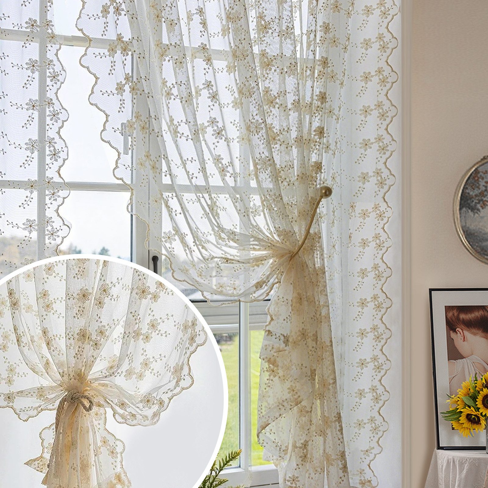 Qelus Vorhang Transparent mit Blumen Stickerei, 2er Set Landhausstil Voile Gardinen (2 St), Polyester-Mischgewebe, Deko Gardinen mit Stangentasche für Wohnzimmer und Schlafzimmer
