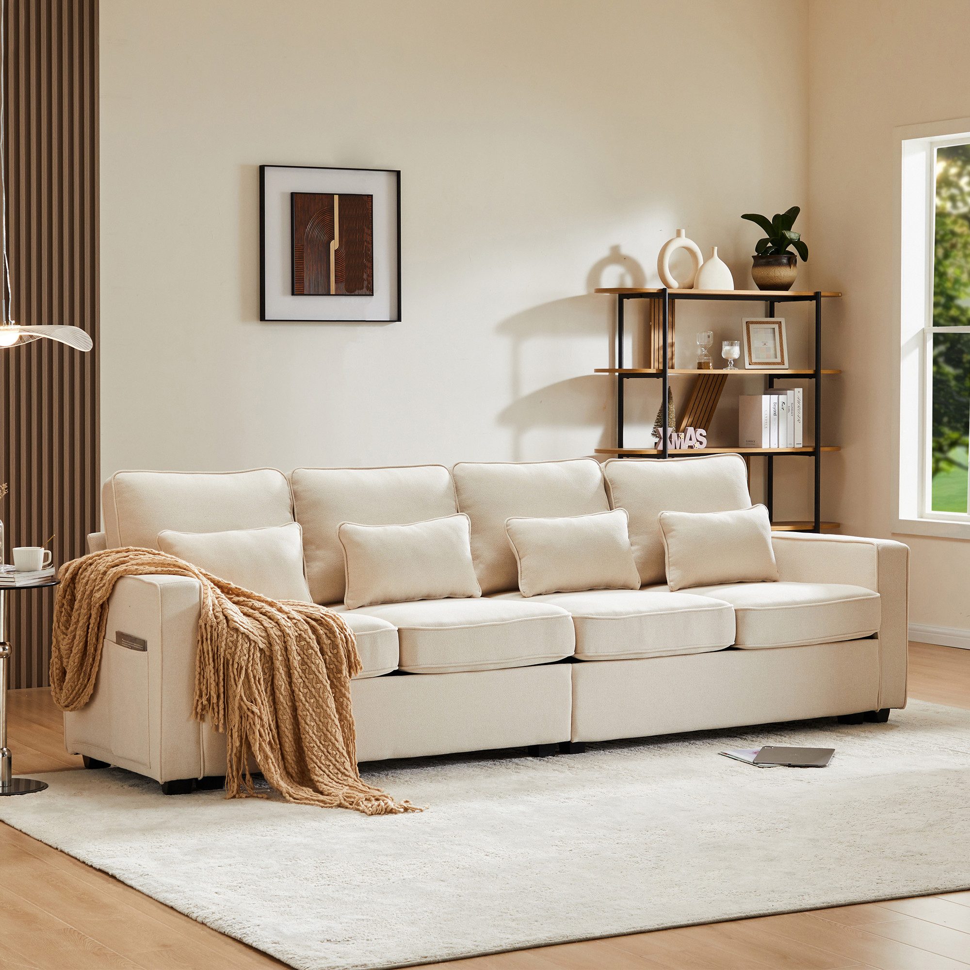 Merax 4-Sitzer mit Seitentaschen und Zierkissen, XXL-Sofa mit Leinenbezug,C günstig online kaufen