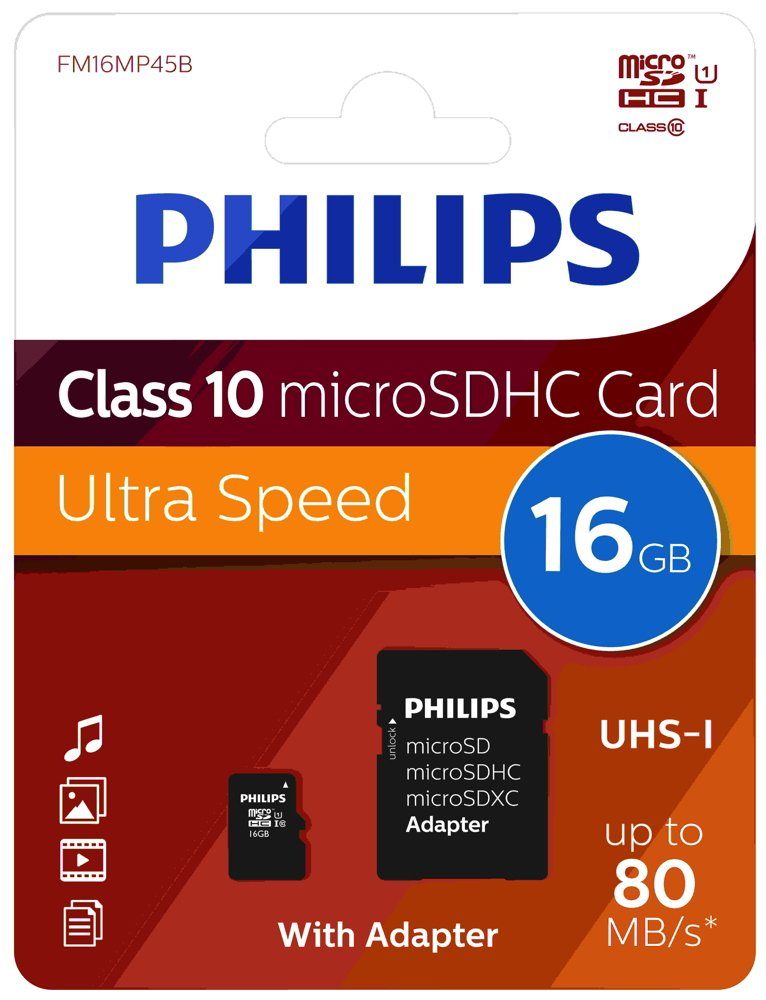 Philips Micro SDHC Karte 16GB Speicherkarte UHS-I U1 Class 10 Speicherkarte