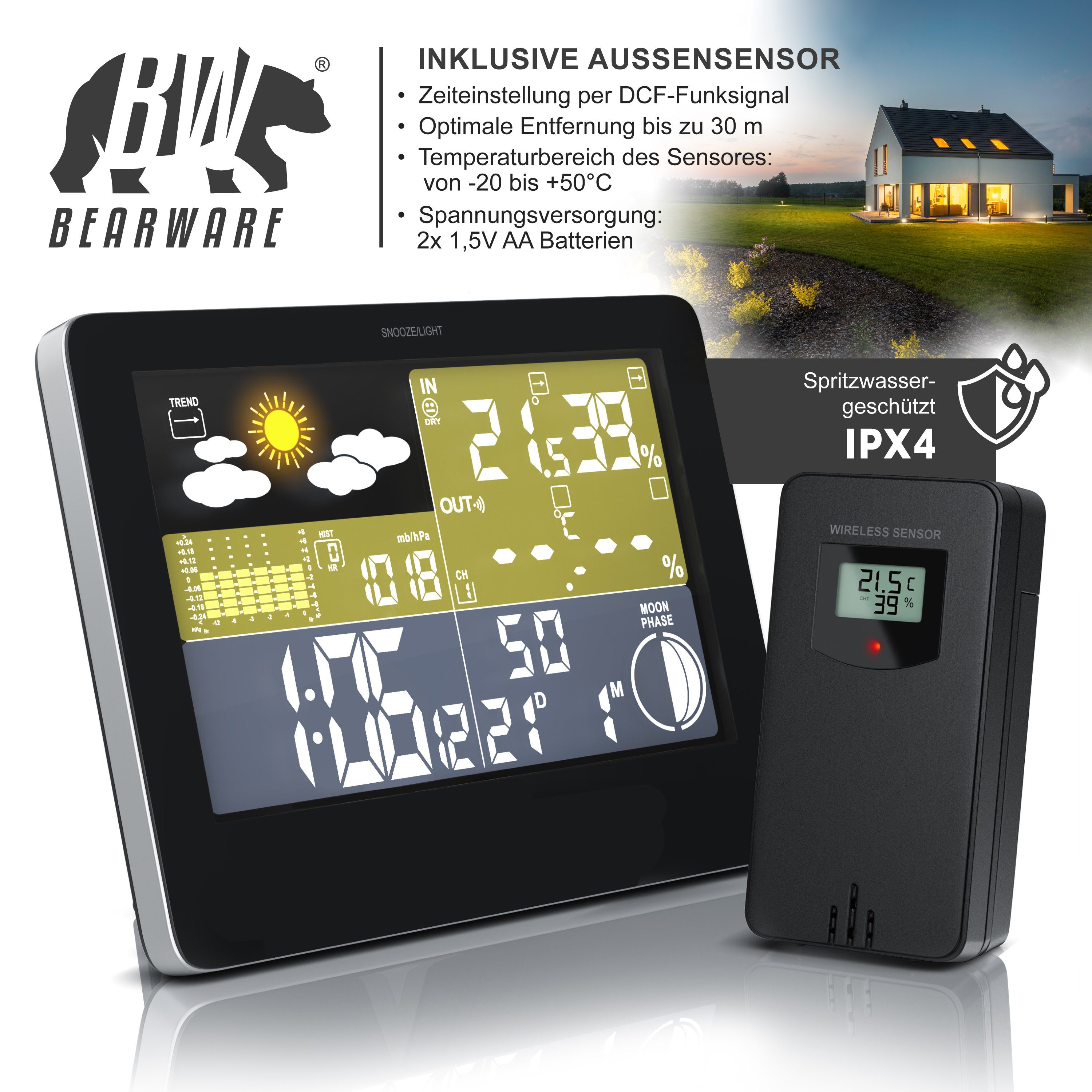 BEARWARE mit Farbdisplay, Funk, inkl. Außensensor, Wettervorhersage-Piktogramm Wetterstation (Außensensor, DCF Empfangssignal Funkuhr, Innen und Außentemperatur, UVM)
