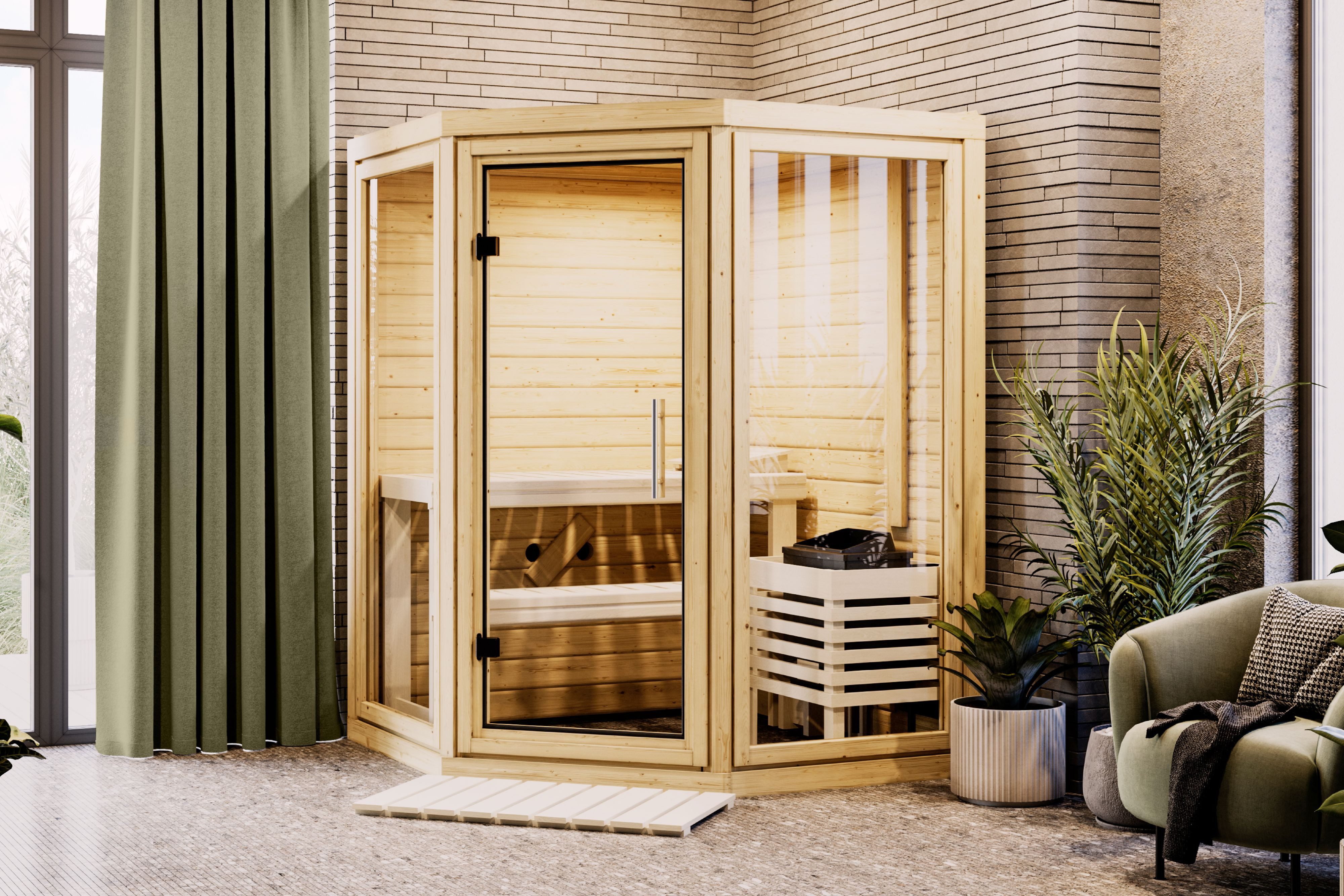 Karibu Sauna "Yumi" naturbelassen, BxTxH: 158 x 158 x 207 cm, 38 mm, aus hochwertiger nordischer Fichte