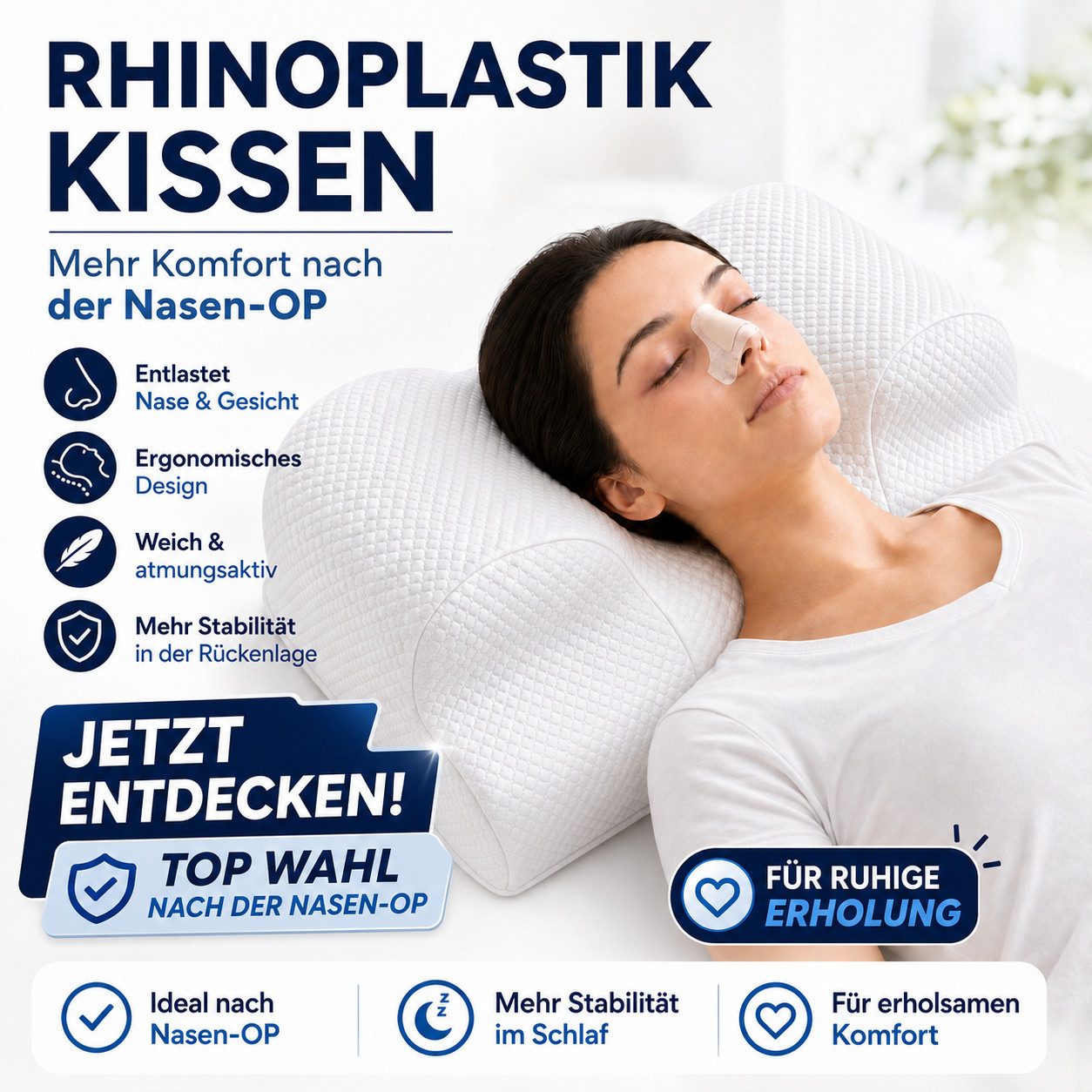 RelaxSleep Kopfkissen Kissen nach Rhinoplastik & Nasen-OP – Rückenschläfer Anti-Falten