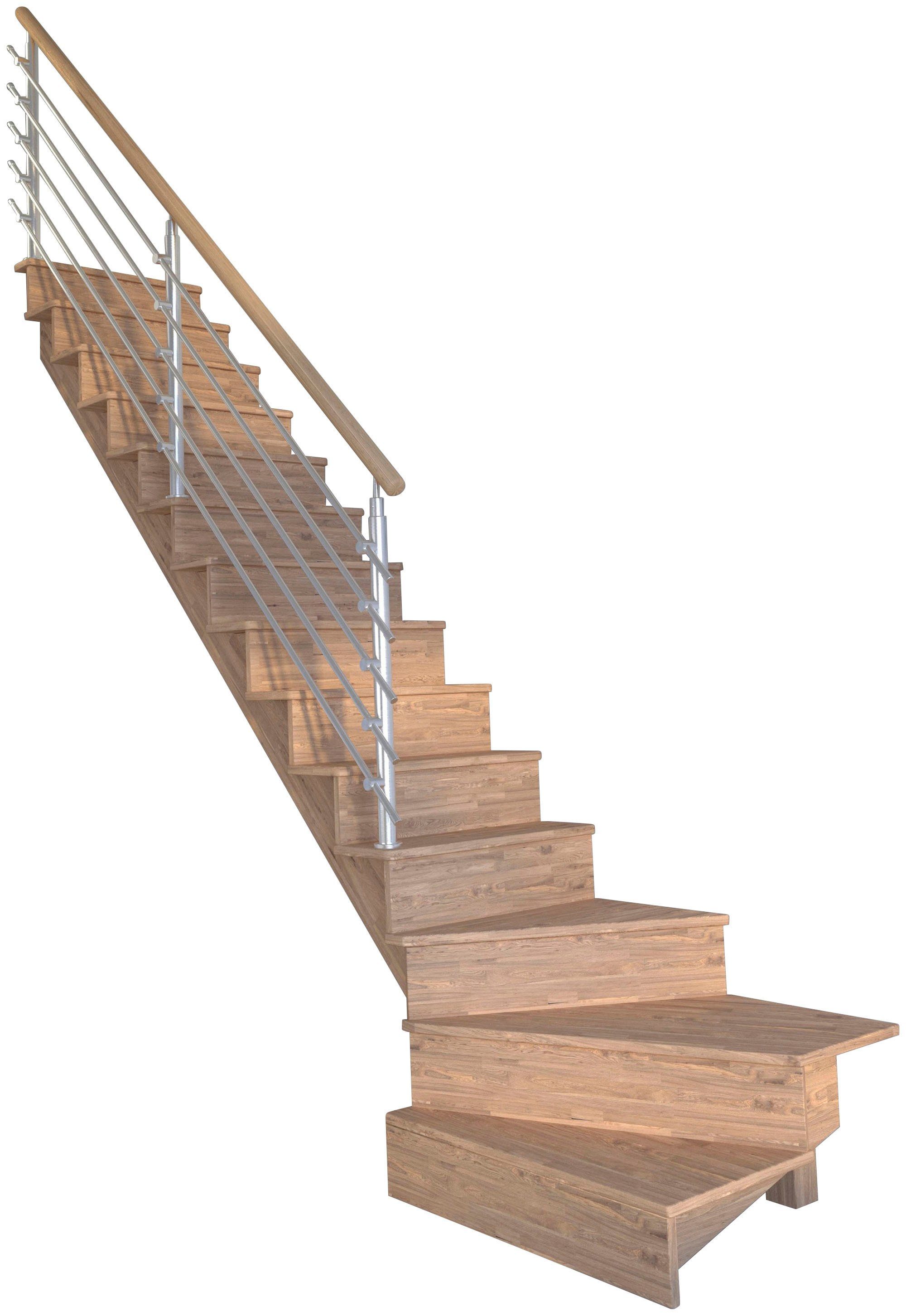 Starwood Systemtreppe Massivholz Lindos, Design-Geländer Durchgehende bis Edelstahl, gewendelt Geschosshöhen Links, geschlossen, Stufen 300 cm, für Wangenteile