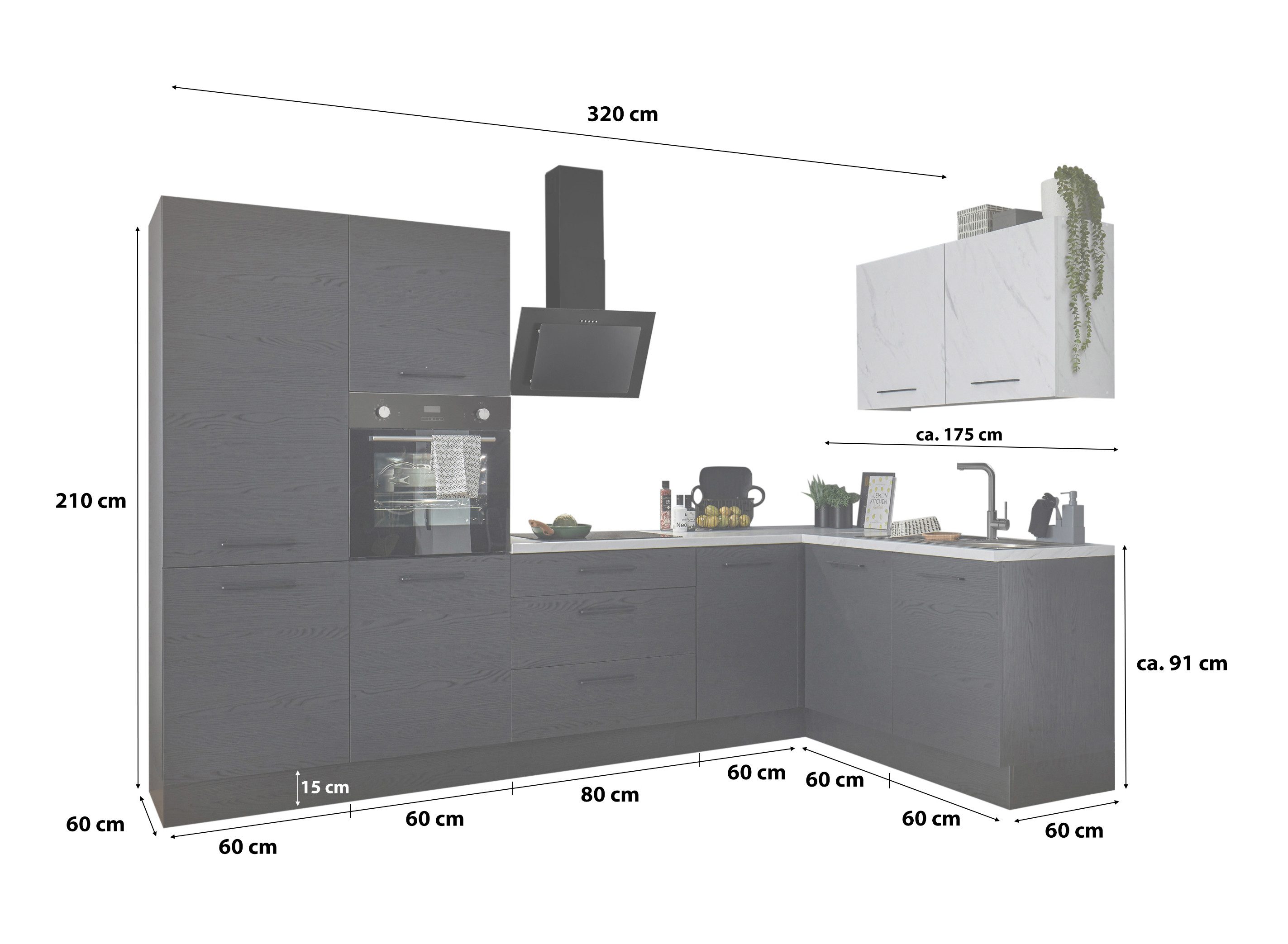 BASIC by Balculina Winkelküche Yorki, Stellmaße B/T 320x175/60 cm, wahlweise mit E-Geräten