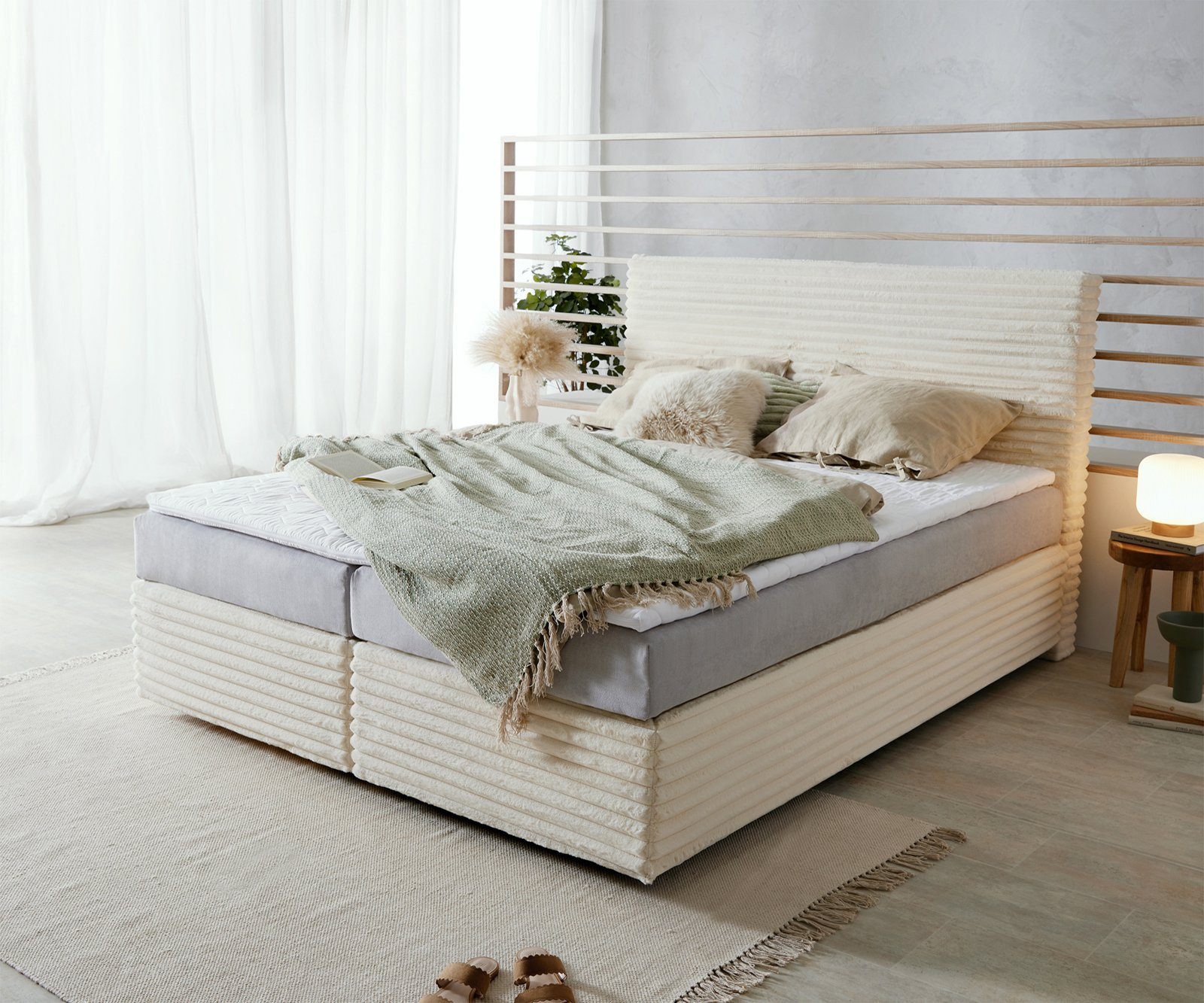 DELIFE Boxspringbett Dream-Well, Plüsch-Cord Beige 160x200 günstig online kaufen
