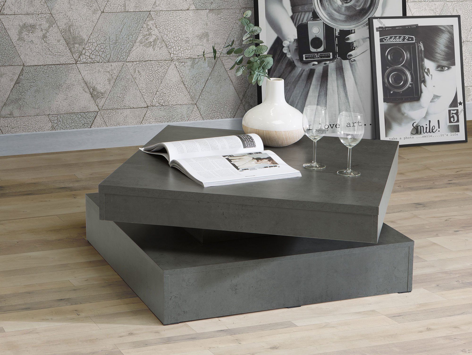 Moebel-Eins Couchtisch, PARLA Couchtisch quadratisch Dekorspanplatte dunkel betonfarbig mit Drehmechanismus, Material