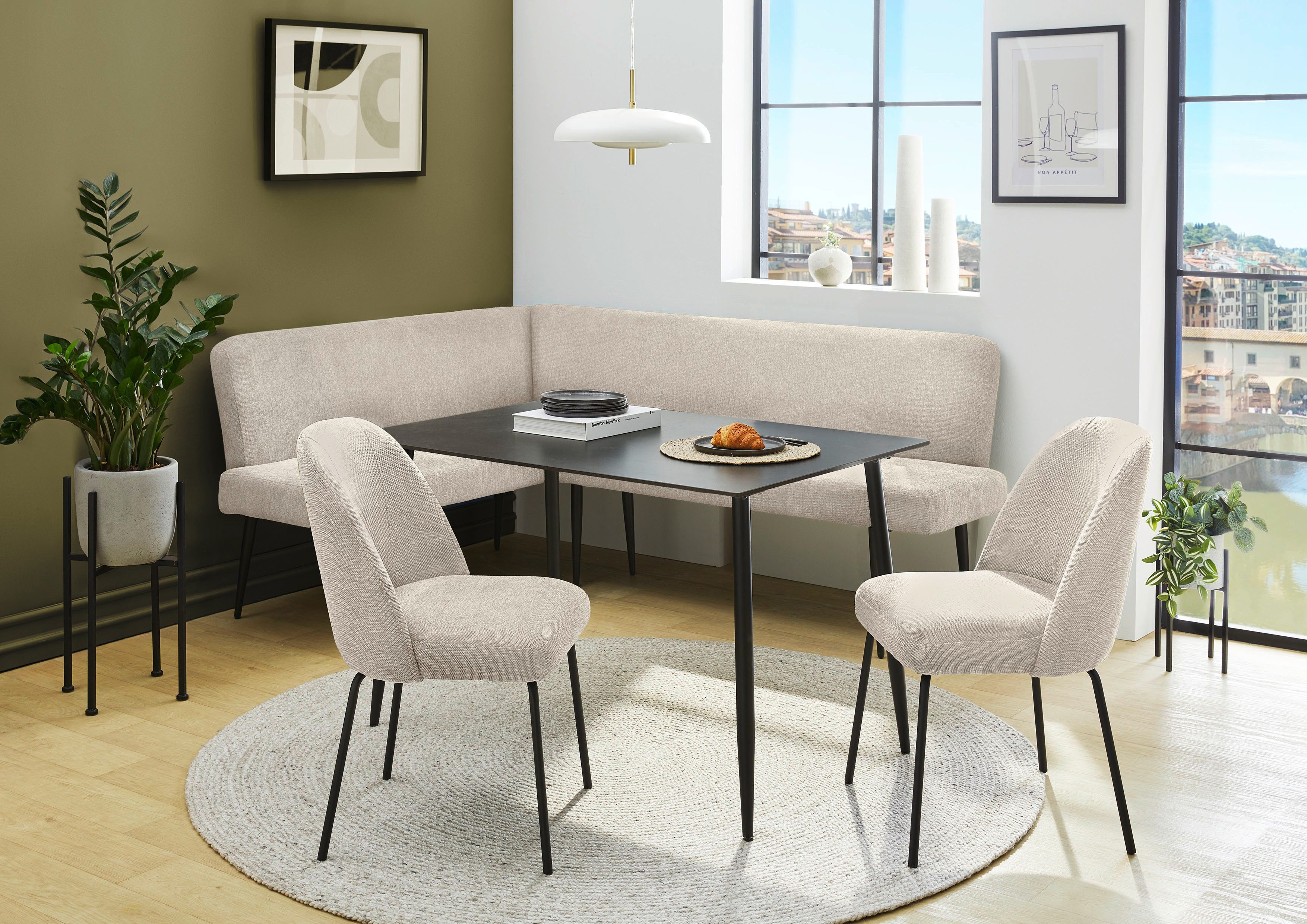 OTTO home Eckbankgruppe Melvin (Set, 4-tlg. Tisch, Bank und 2 Stühle), Taschenfederkern, Tisch (120x75cm) schwarz, Bank und Stühle anthrazit oder beige