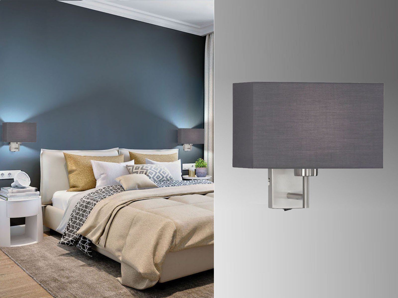 FISCHER & HONSEL LED Wandleuchte, LED wechselbar, Warmweiß, Designklassiker  Stofflampe Lampenschirm Grau recht-eckig 25x25cm klein