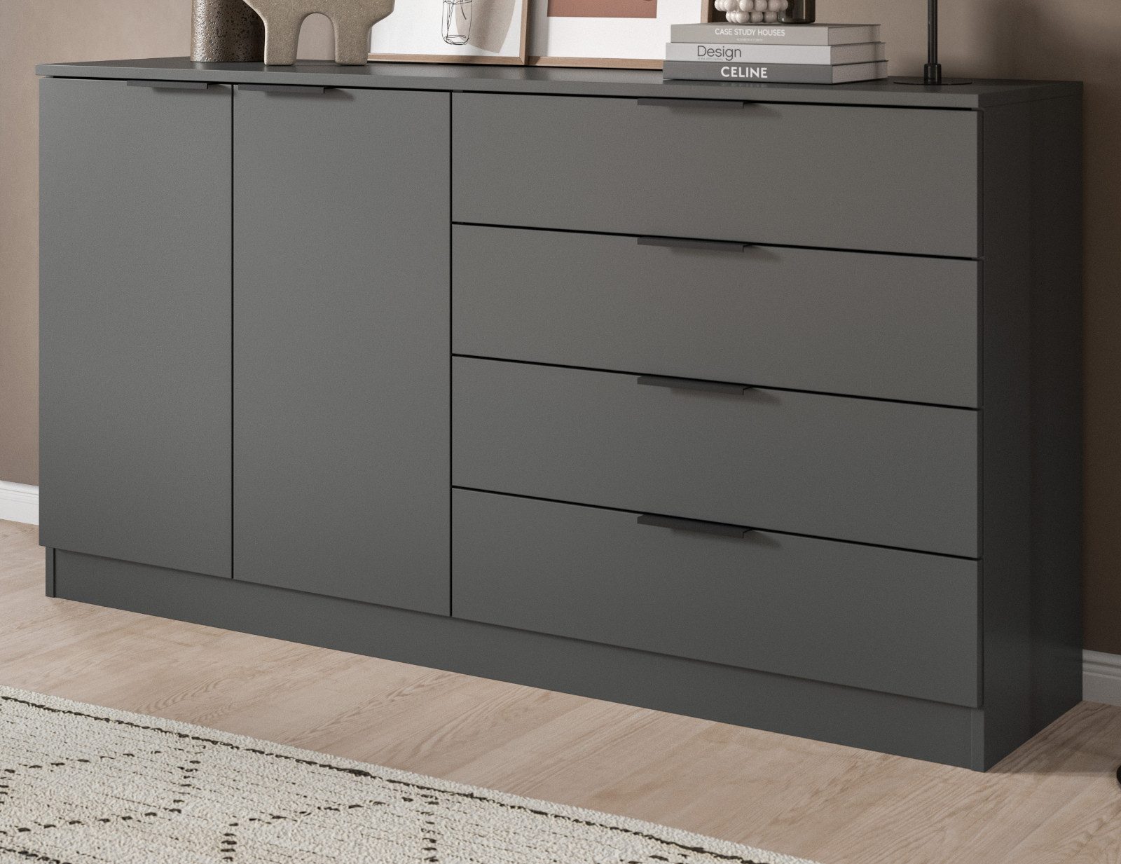 Inn.Furn Sideboard Swan (Kommode in mattem Grau, 2-türig, 148 x 80 cm), mit 4 Schubkästen, Vollauszug