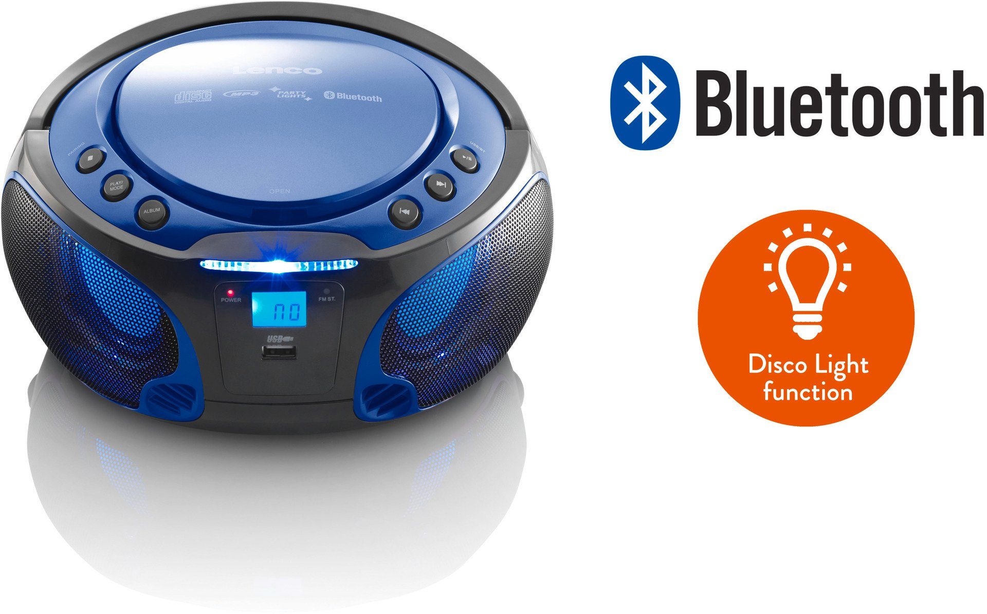 Lichteffekt m. BT, Boombox Lenco MP3, CD-Radio USB, blau SCD-550SI (FM-Tuner)
