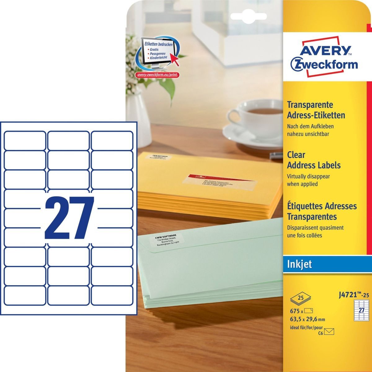 Avery Zweckform Etiketten Adressetiketten 63,5x29,6mm VE=675 Stück transparent