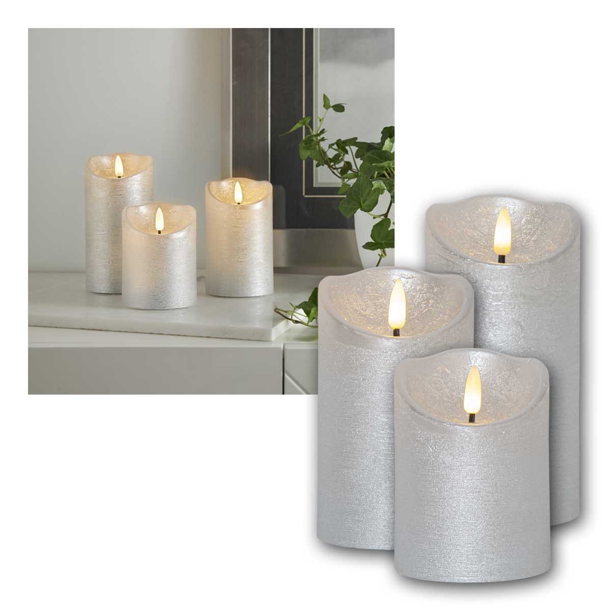 STAR TRADING LED-Kerze LED Echtwachs-Kerze 3D FLAMME RUSTIC 3er Set silbe, warmweiß
