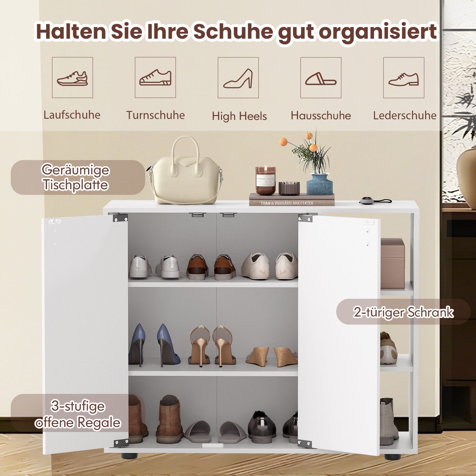 COSTWAY Schuhschrank Schuhregal mit verstellbare Regal, Holz, 12-15 Paar Schuhe
