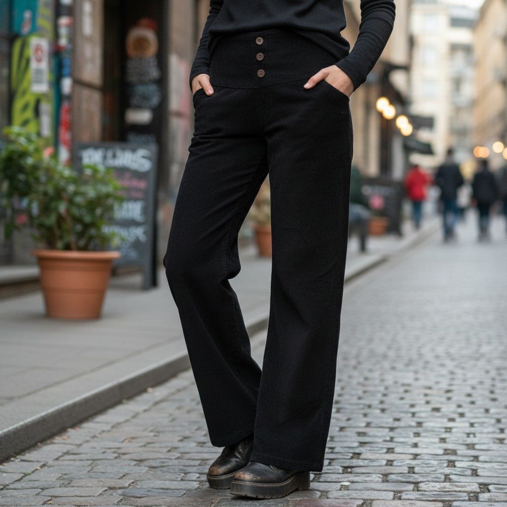 Guru-Shop Relaxhose Cordhose mit leicht ausgestelltem Bein - schwarz Ethno Style, alternative Bekleidung