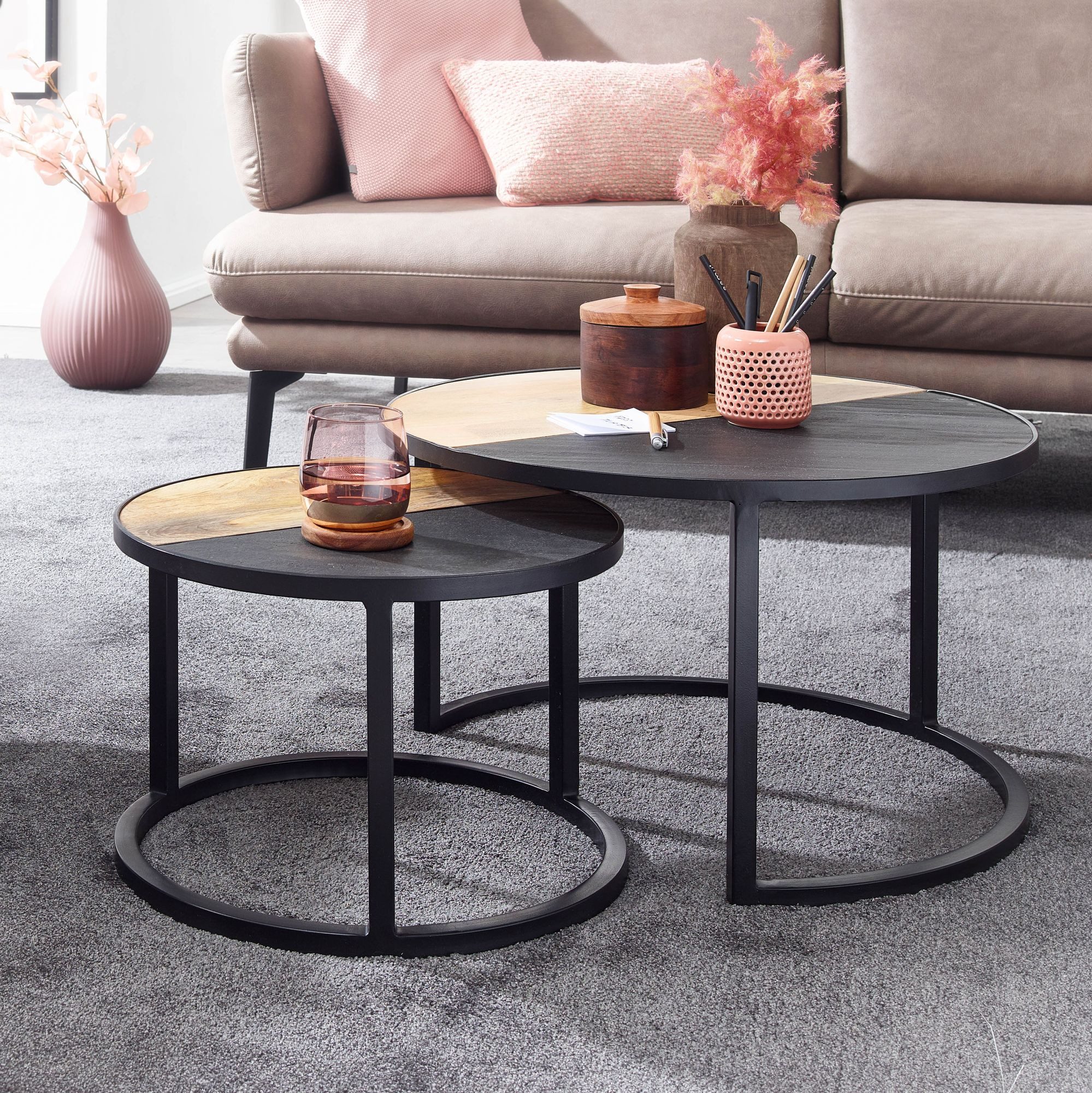 Wohnling Satztisch Couchtisch 2 teilig Wohnzimmertisch Massivholz Rund Beistelltisch Tisc (Couchtisch 2er Set Mango Massivholz Rund), Wohnzimmertisch Modern, Beistelltisch 2-teilig