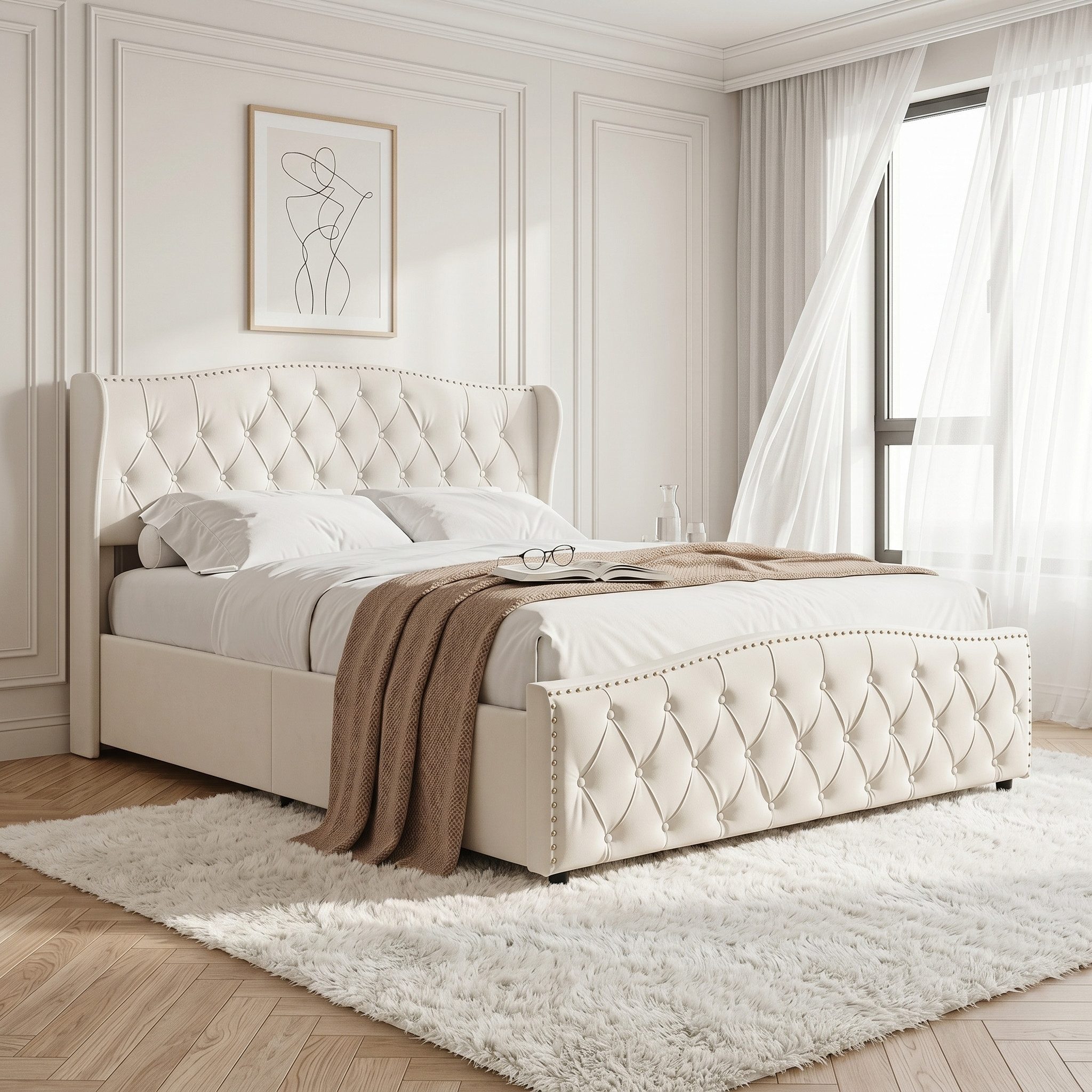 Simurq Polsterbett Stauraumbett 160x200 cm Samt mit Bettkasten &  Wingback-Kopfteil (Set, 1-tlg) (Doppelbett 160x200 mit Lattenrost, ohne Matratze), Jugendbett,Bettgestell Beige/Grau,Max. Belastung 250 kg