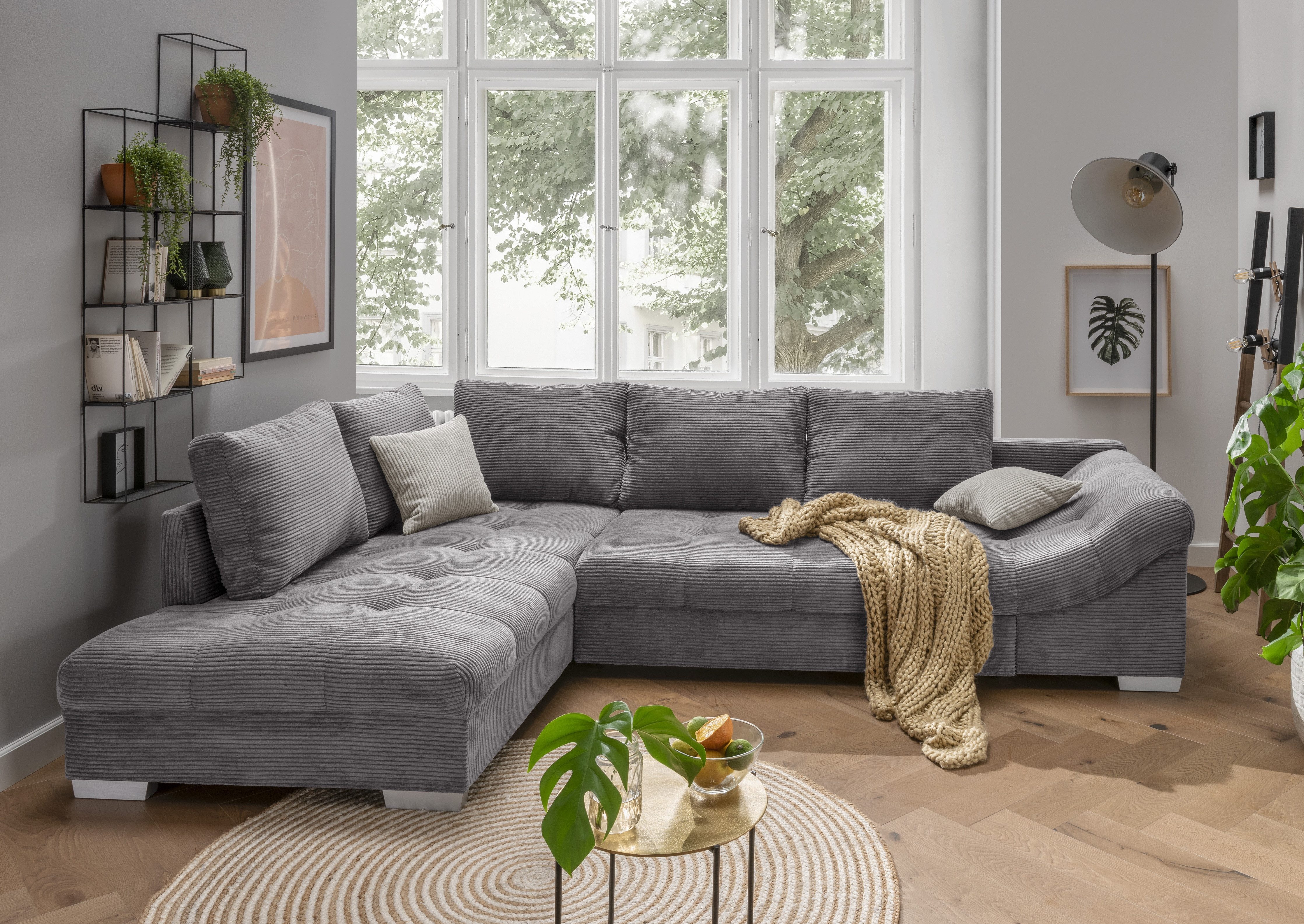 luma-home Ecksofa 17202-OTTO, mit Bettfunktion B298/T202/H84 cm, Liegefläche 154x227 cm, Wellenunterfederung, Ottomane links, Bezug Cord Grau