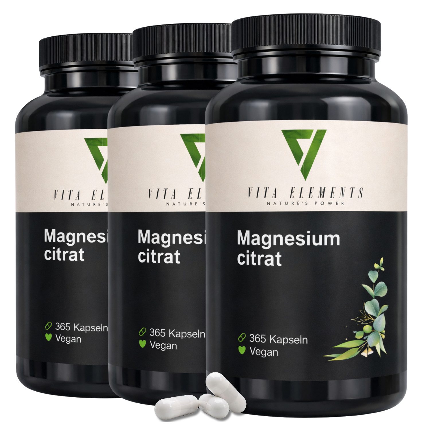 Vita Elements Magnesiumcitrat - 360mg Magnesium aus Tri-Magnesiumdicitrat, 365 Kapseln, 3 er Spar-Set à 365 St., Vegan, Ohne unnötige Zusatzstoffe, Hochdosiert und Laborgeprüft