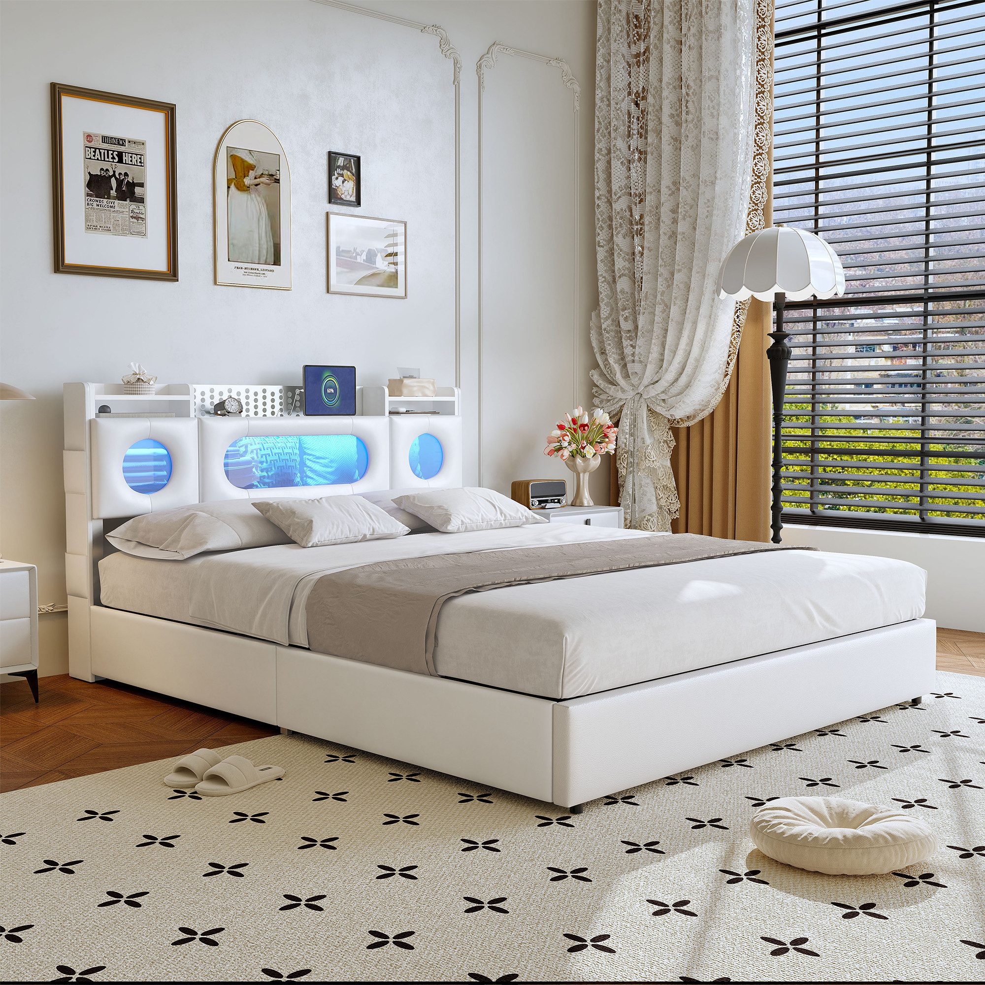 FUROKOY Stauraumbett Polsterbett Doppelbett mit LED-Beleuchtung (Aufklappbares Kopfteil mit Stauraum und Ladeanschluss), Hydraulikbett Funktionsbett, PU, Weiß,  – Bild 4 von 5