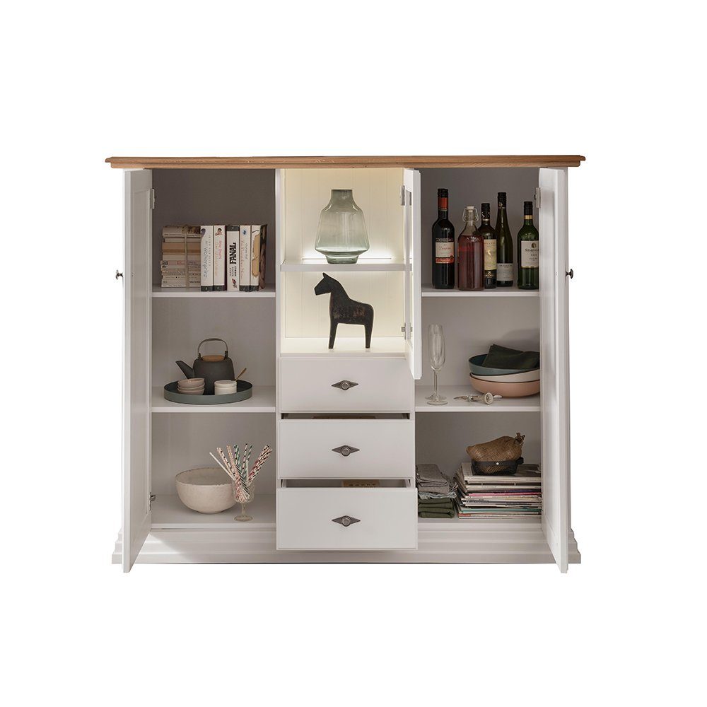 Lomadox Highboard ESBJERG-69, Kiefer weiß lackiert mit Eiche geölt, Landhausstil