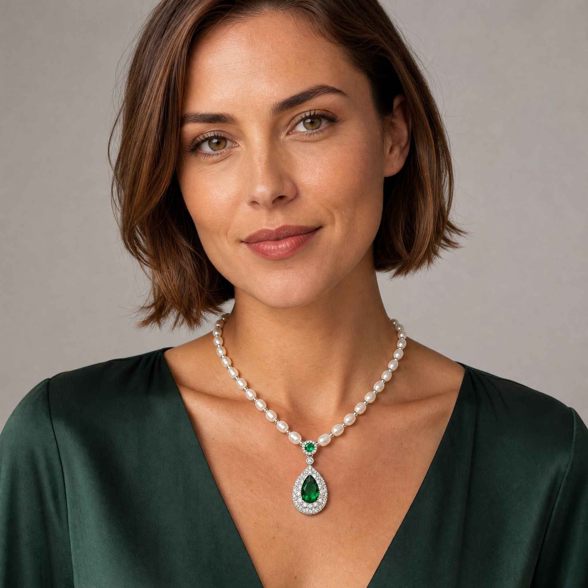 BBG Perlenkette Perlenkette Damen mit Anhänger, Süßwasserzuchtperlen und Zirkonia, BBG-Pearl-Necklace-Silver-Teardrop-Necklace-Green