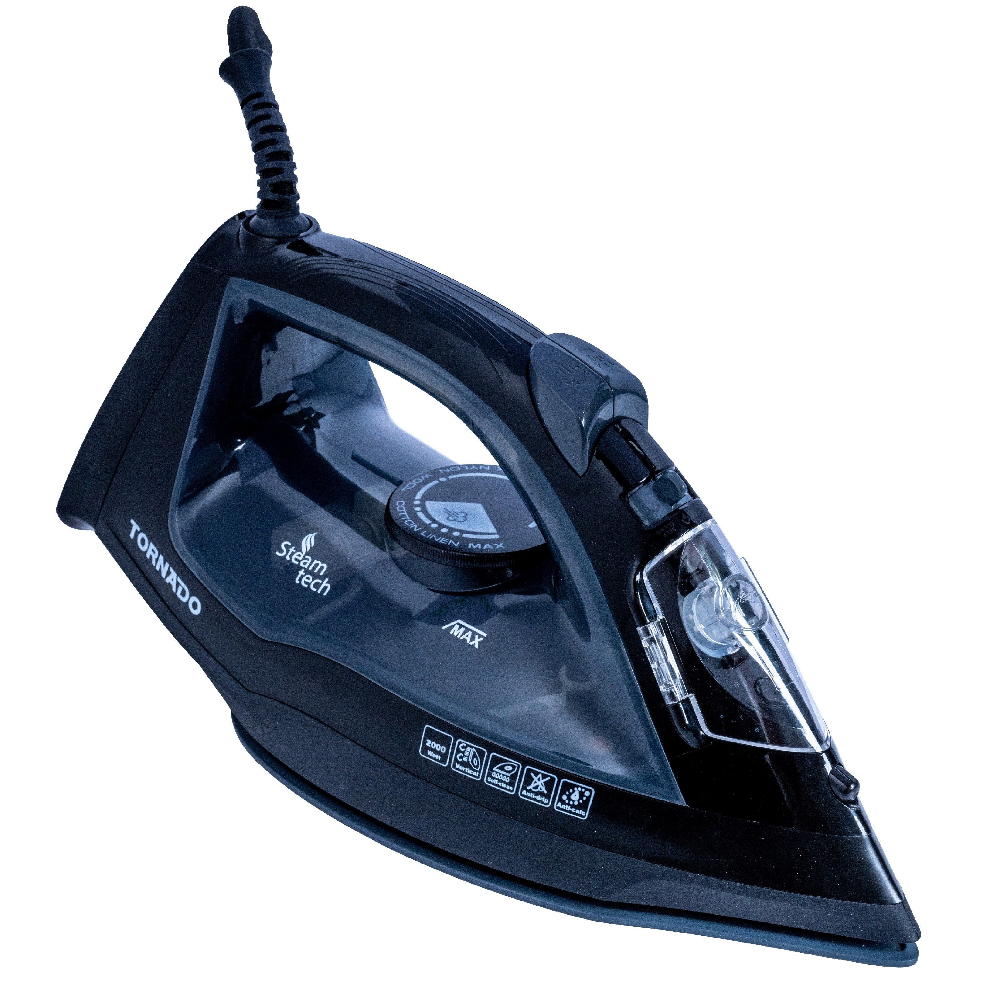 Tornado Dampfbügeleisen Bügeleisen TST-2000G Schwarz 300ml Fassungsvermögen, 2000,00 W, kontinuierliche Dampfabgabe, 170 g Dampfstoß, kratzfest