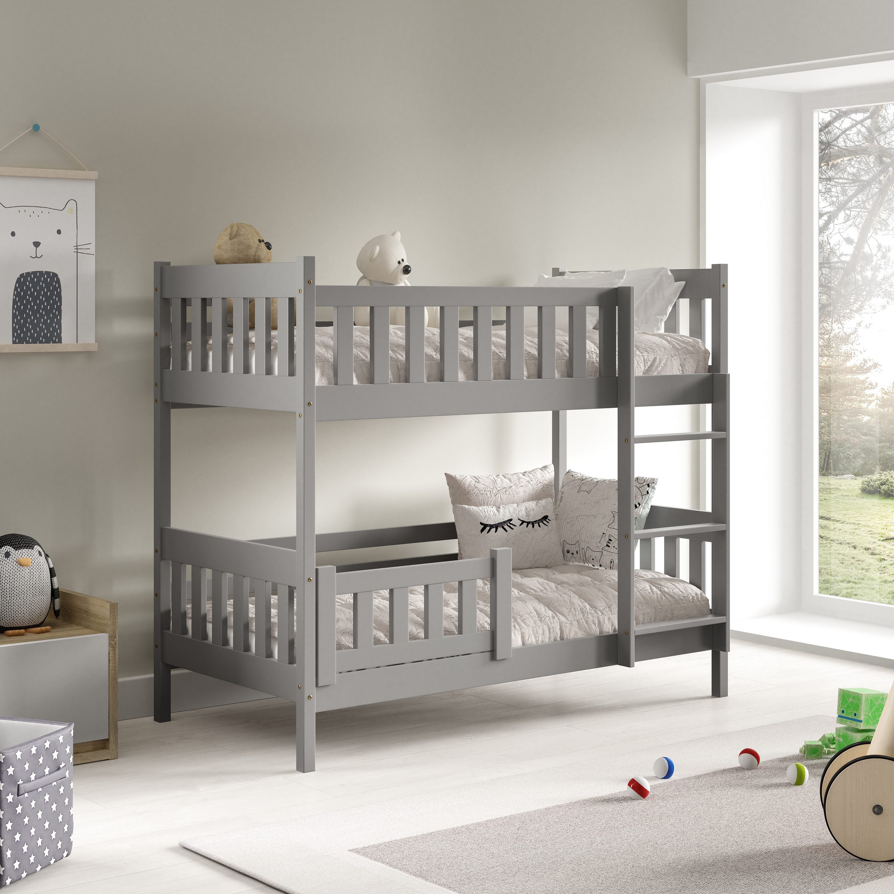 Masseno Etagenbett LUCIA 80x160 cm Hochbett Kinderbett Massivholz Grau
