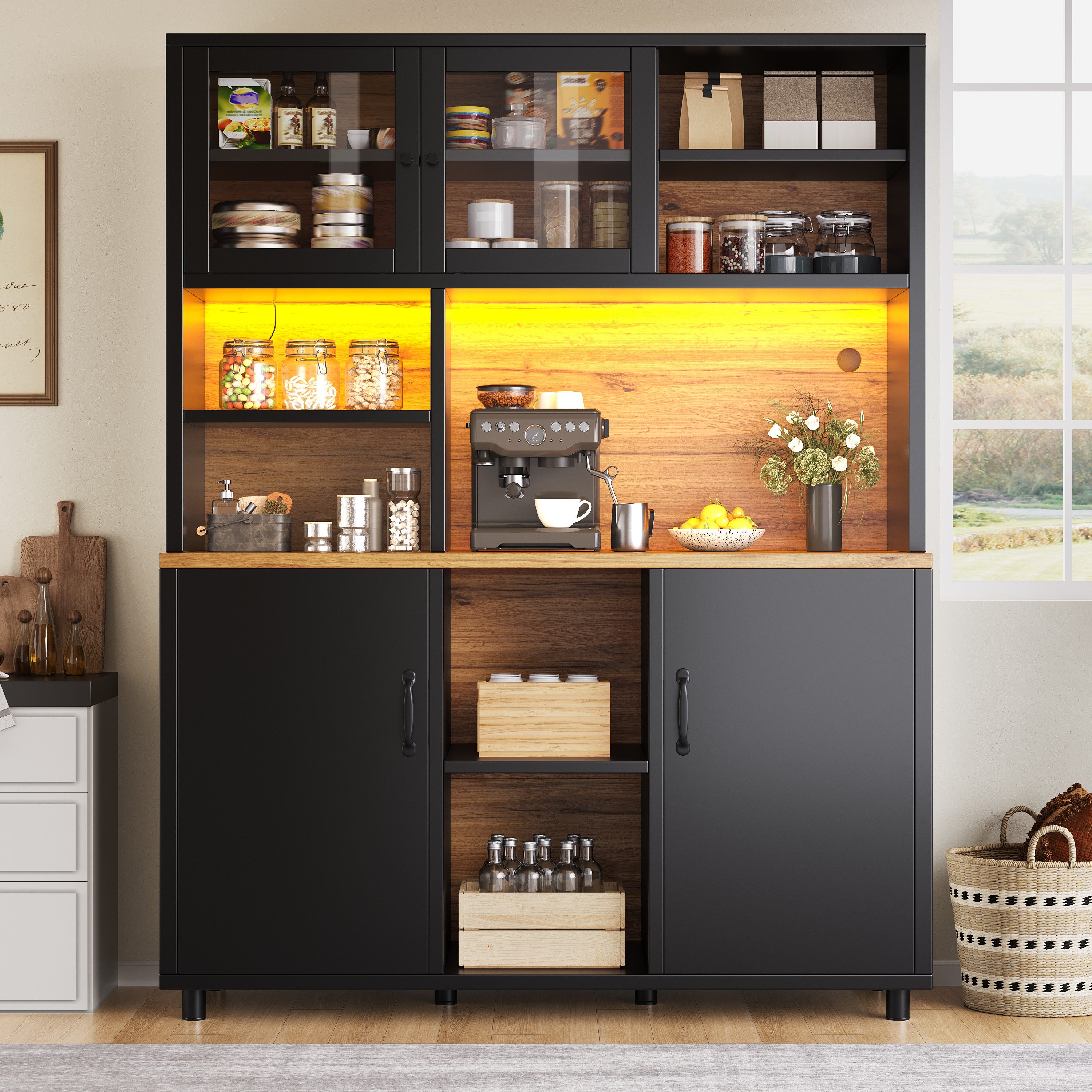 Celya Hochschrank Küchenschrank,Esszimmerschrank,Schränke mit LED-Beleuchtung (mit LED-Beleuchtung, Snackablage,Retro-Stil) ideal für Küche, Esszimmer oder Wohnbereich