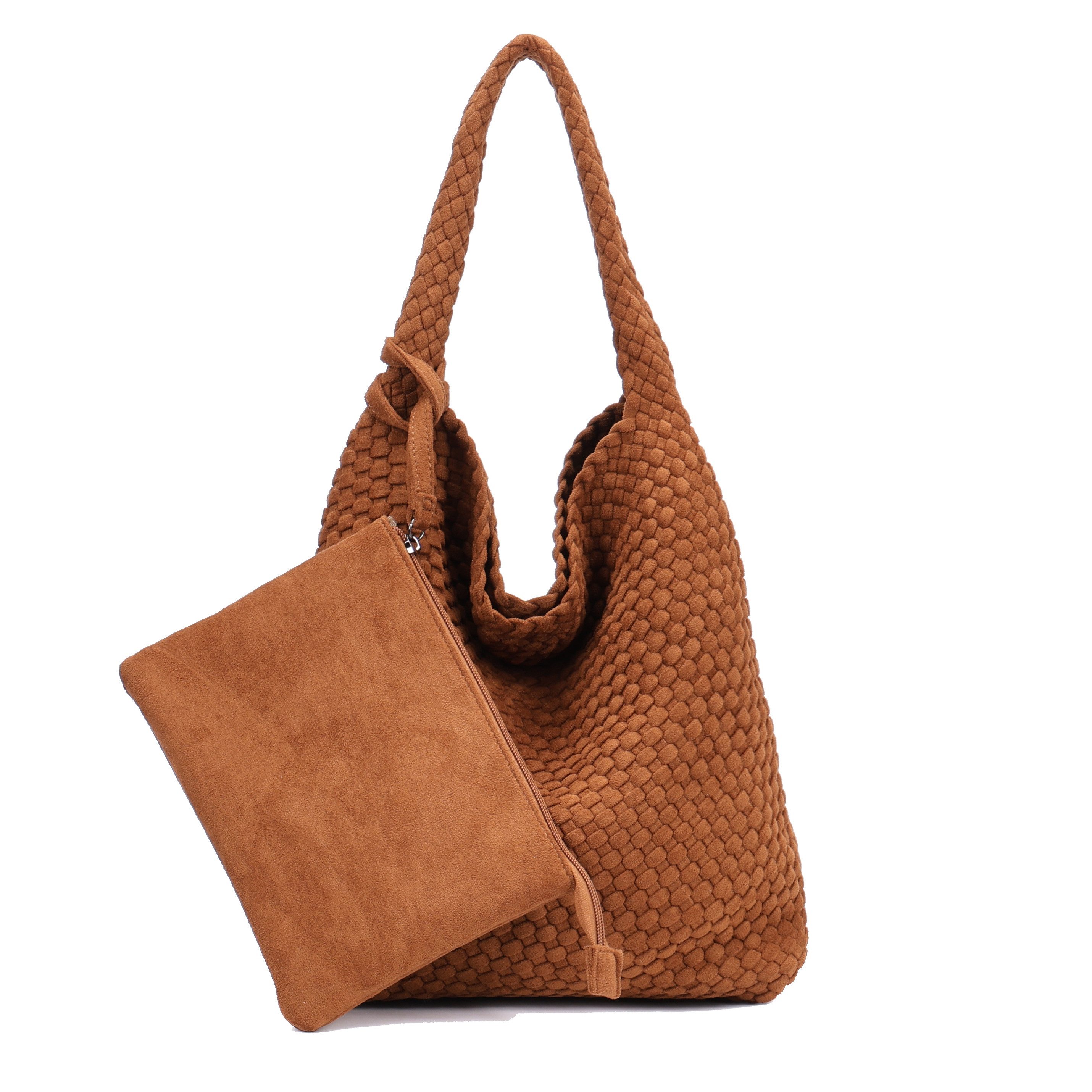 MIRROSI Shopper Damen Schultertasche Handgeflochten Wildleder-Optik (ca.36x14x31cm), große Hobo Bag mit Innentasche