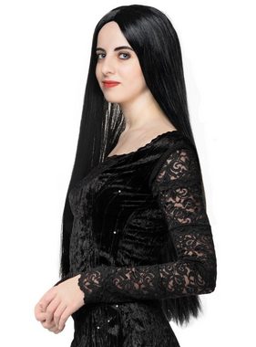 Metamorph Kostüm-Perücke Mortizia Perücke, Langes, glattes, schwarzes Haar für Hexen, Vampire und Gothic-Mütter