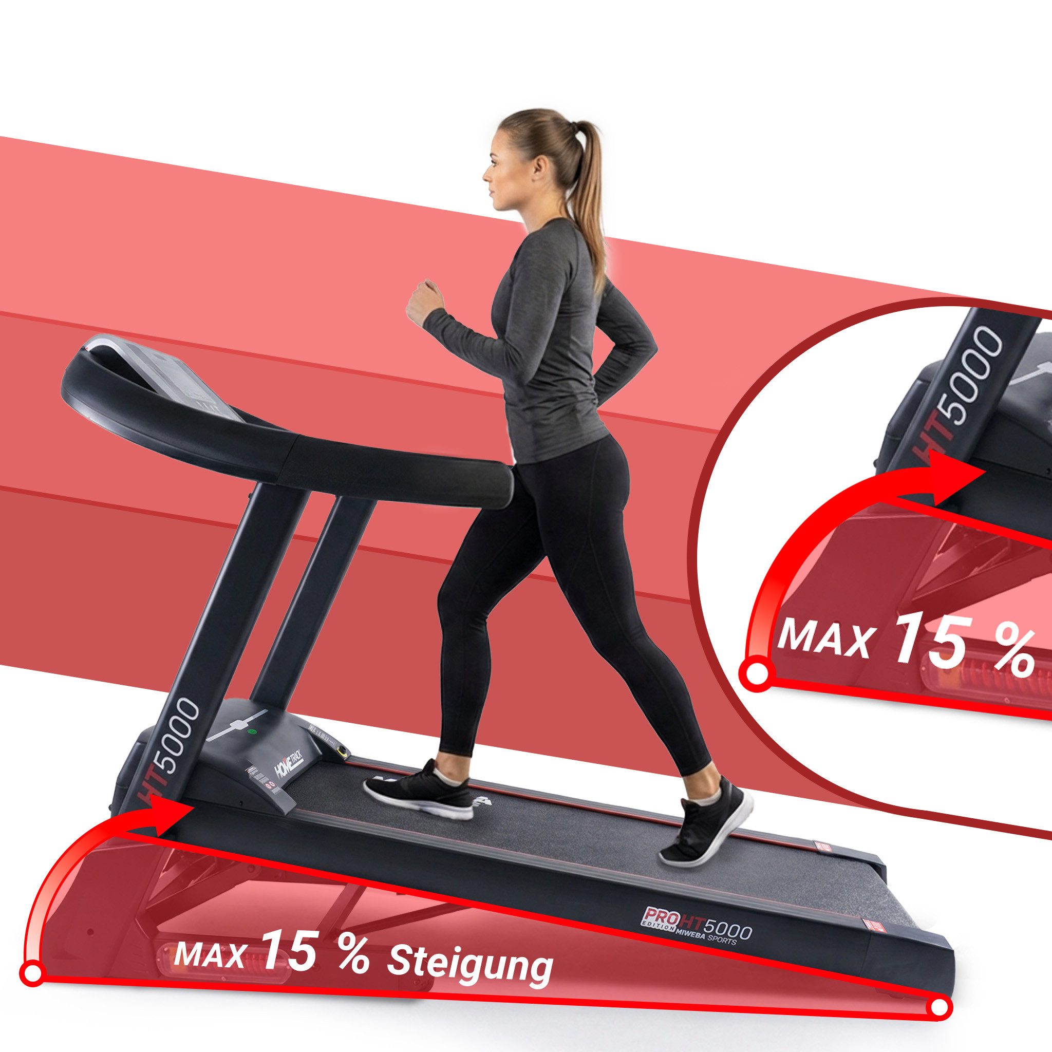 Miweba Sports Laufband klappbar HT5000 - 18 km/h, 15 % Steigung, Laufband mit Steigung (Fitnessgerät, Heimtrainer, Treadmill, Trainingsgerät, Sportgerät, Speedrunner, 7 PS, große Lauffläche, 12 Laufprogramme, Pulsmesser, 2600 Watt, Bluetooth), Laufband klappbar, Laufband klein für zur Hause, Laufband mit Steigung