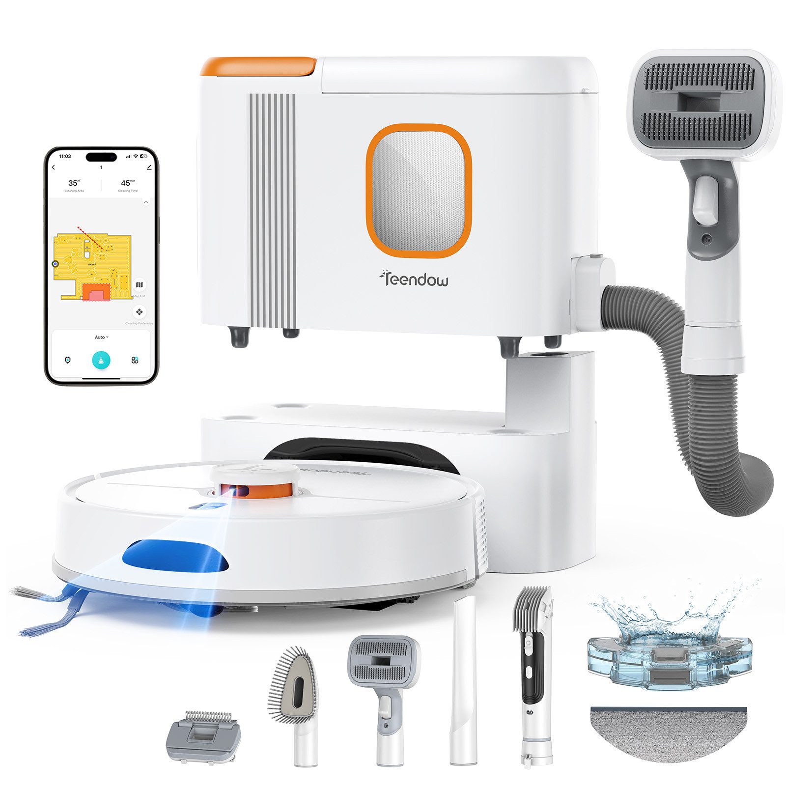 Teendow Saugroboter D20S MAX Saugroboter mit Wischfunktion Selbstreinigung für Tierhaare, 850 W, mit Beutel, Mit Haarschneidemaschine für die Haustierpflege,70 Tage,240min,3L