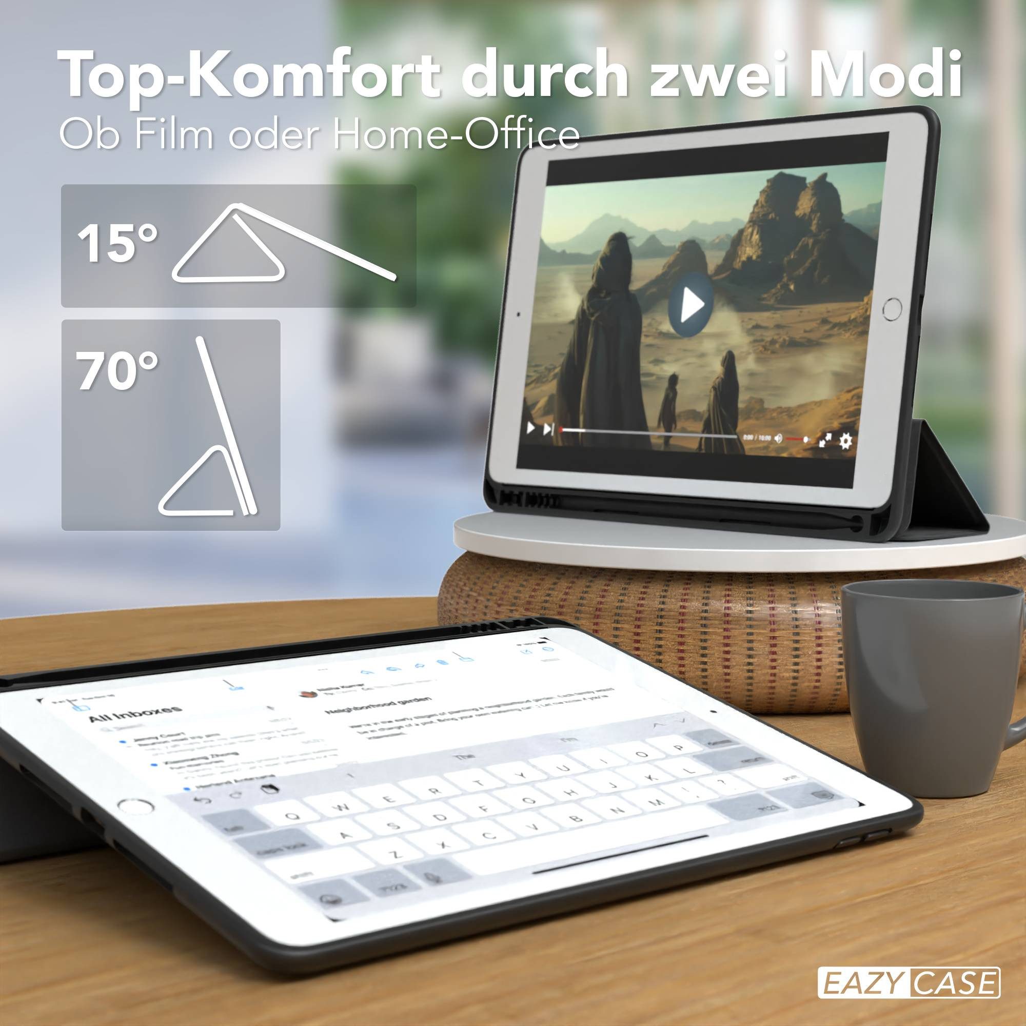 EAZY CASE Tablet-Hülle Penholder Smartcase für iPad 7. / 8. / 9. Gen. 10,2 Zoll, Hülle Schutzhülle mit Sleep Wake Up Funktion Etui zum Klappen Schwarz