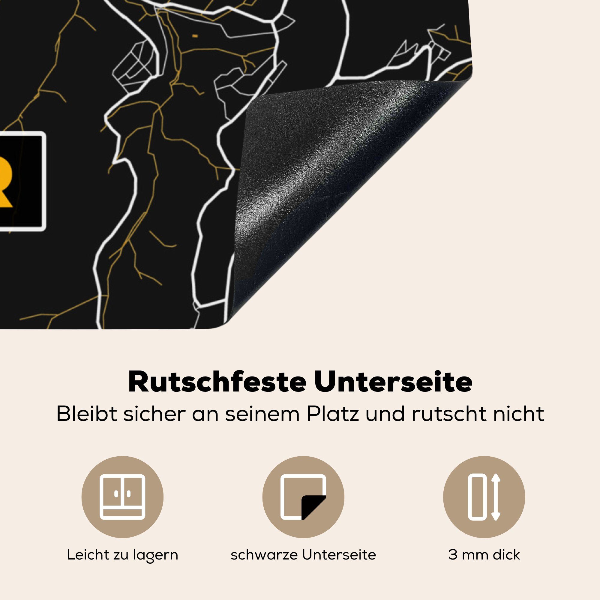 MuchoWow Herdblende-/Abdeckplatte Schwarz und Deutschland Ceranfeldabdeckung, - Trier küche (1 Vinyl, - cm, Stadtplan 78x78 Arbeitsplatte für - Karte, tlg), - Gold