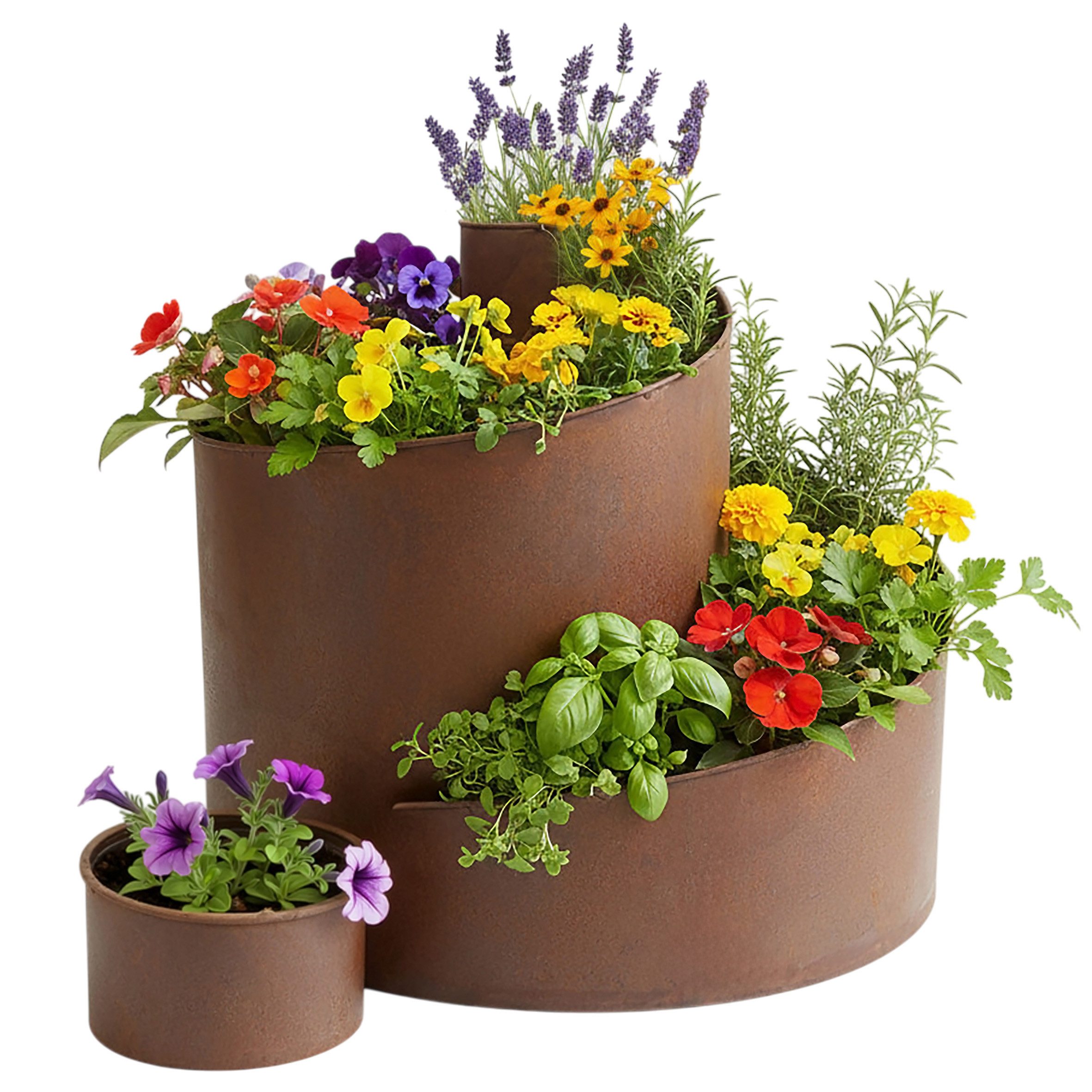 Spetebo Kräuterspirale Kräuterspirale aus Eisen - natur Rost - 58 x 43 cm, Pflanzentreppe Kräuterbeet Blumenschnecke - mit 5 Kammern