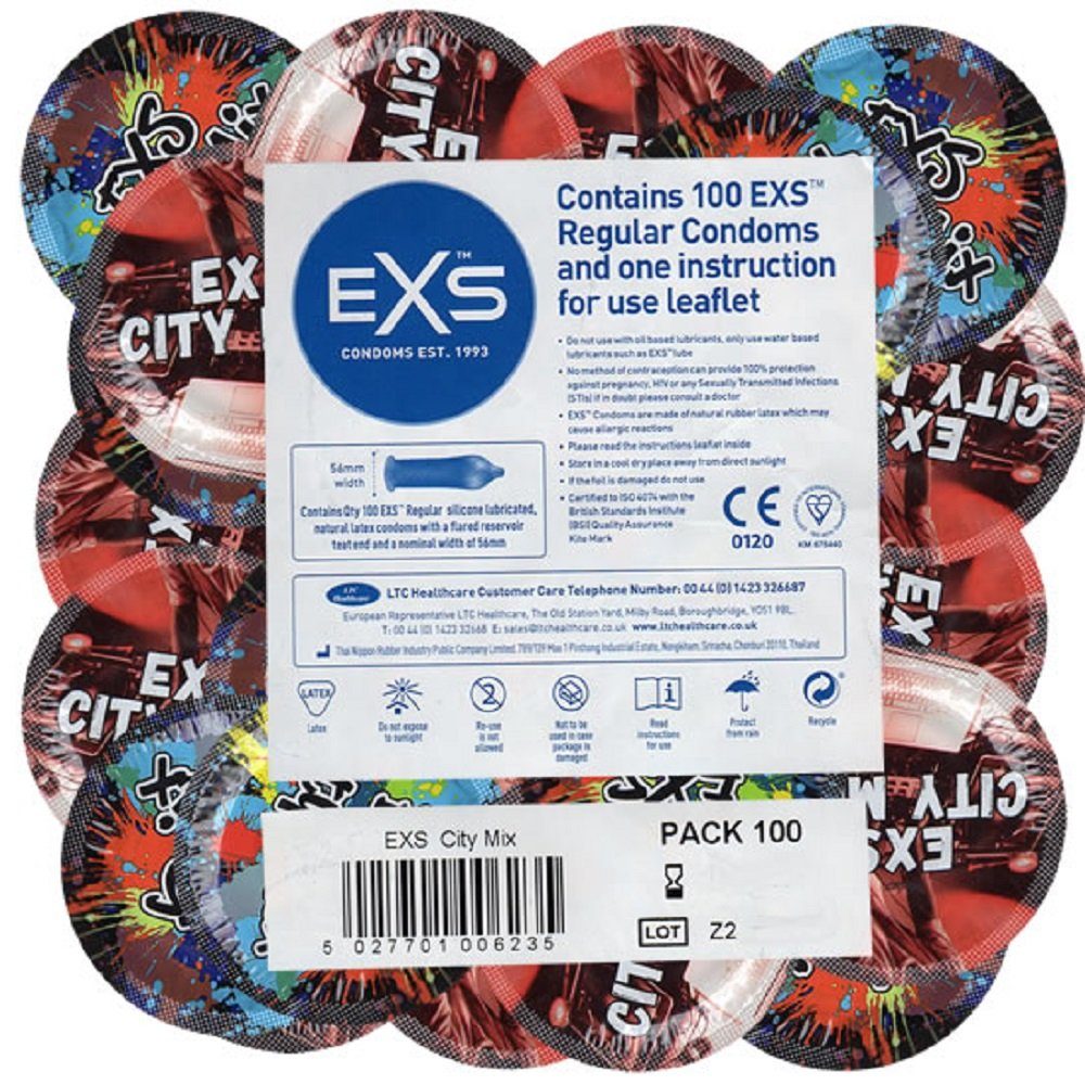 EXS Kondome City Mix Regular - Clubnight-Kondome Packung mit, 100 St., Rundfolien-Kondome mit Motiv, Vorratspackung, Kondomvorrat