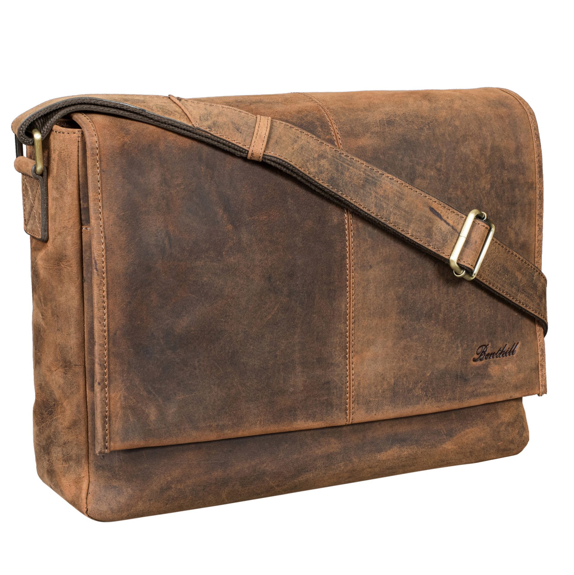 Benthill Messenger Bag Herren Umhängetasche Echt Leder Messenger Laptop Schultertasche Damen, Reißverschlussfach