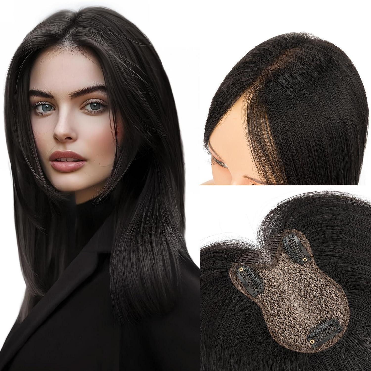 LuxusKollektion Echthaar-Extension Haartopper Echthaar Clip Extensions 21g Frauen Ohne Pony 1B Schwarz