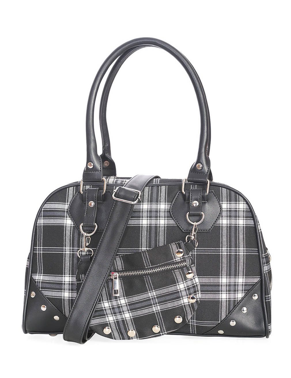 Banned Handtasche Warren Plaid Schwarz, Punk Kariert Nieten Tartan
