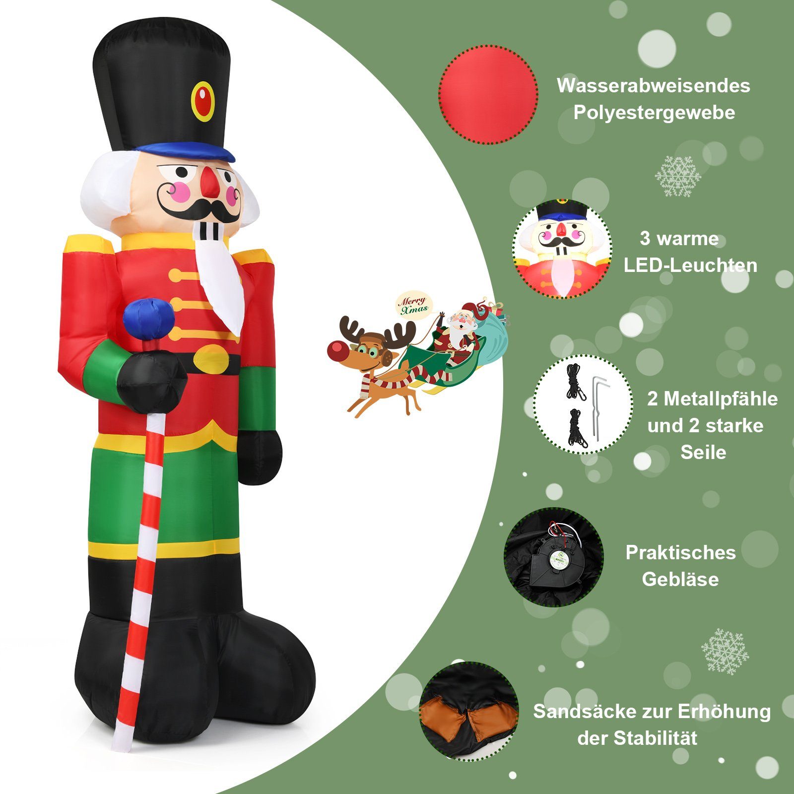 COSTWAY Weihnachtsmann, Nussknacker-Soldat, mit 3 LED, Gebläse & Sandsäcke