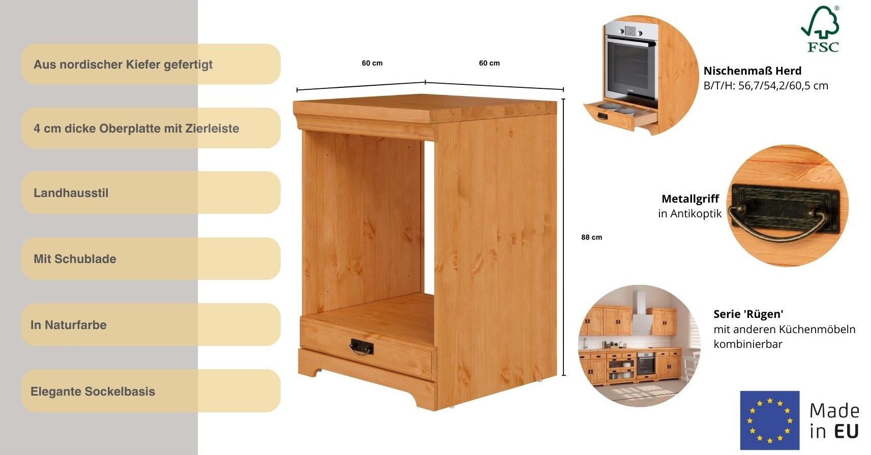 OTTO home Herdumbauschrank Rügen Breite 60 cm, Kiefer massiv, Nischenmaß Herd B/T/H 56,7/54,2/60,5 cm