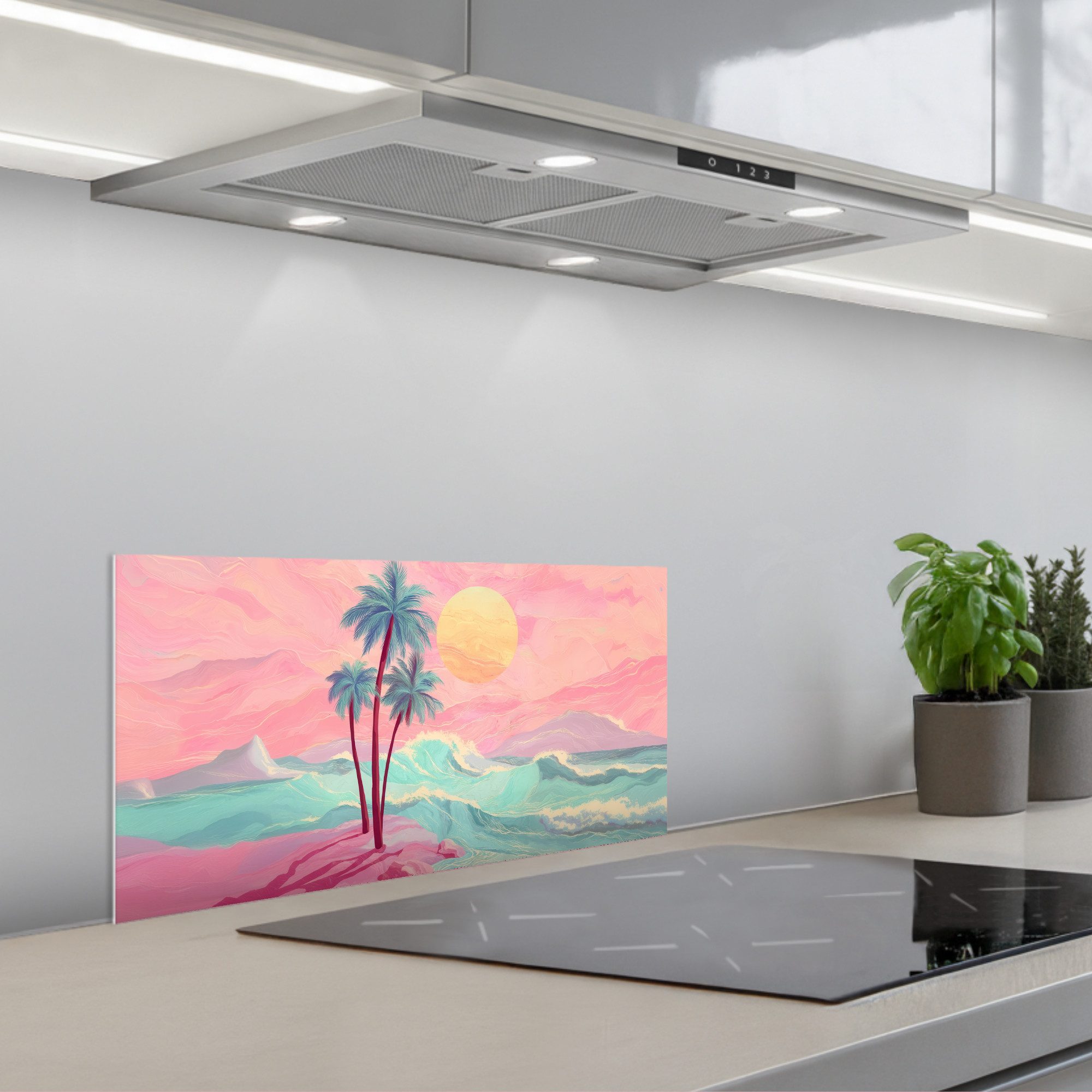 KitchenYeah Küchenrückwand selbstklebend (keine Folie) Palmen - Wellen - Meer, (1-tlg), Spritzschutz Herd Wand, Küchen Deko, 70x30 cm