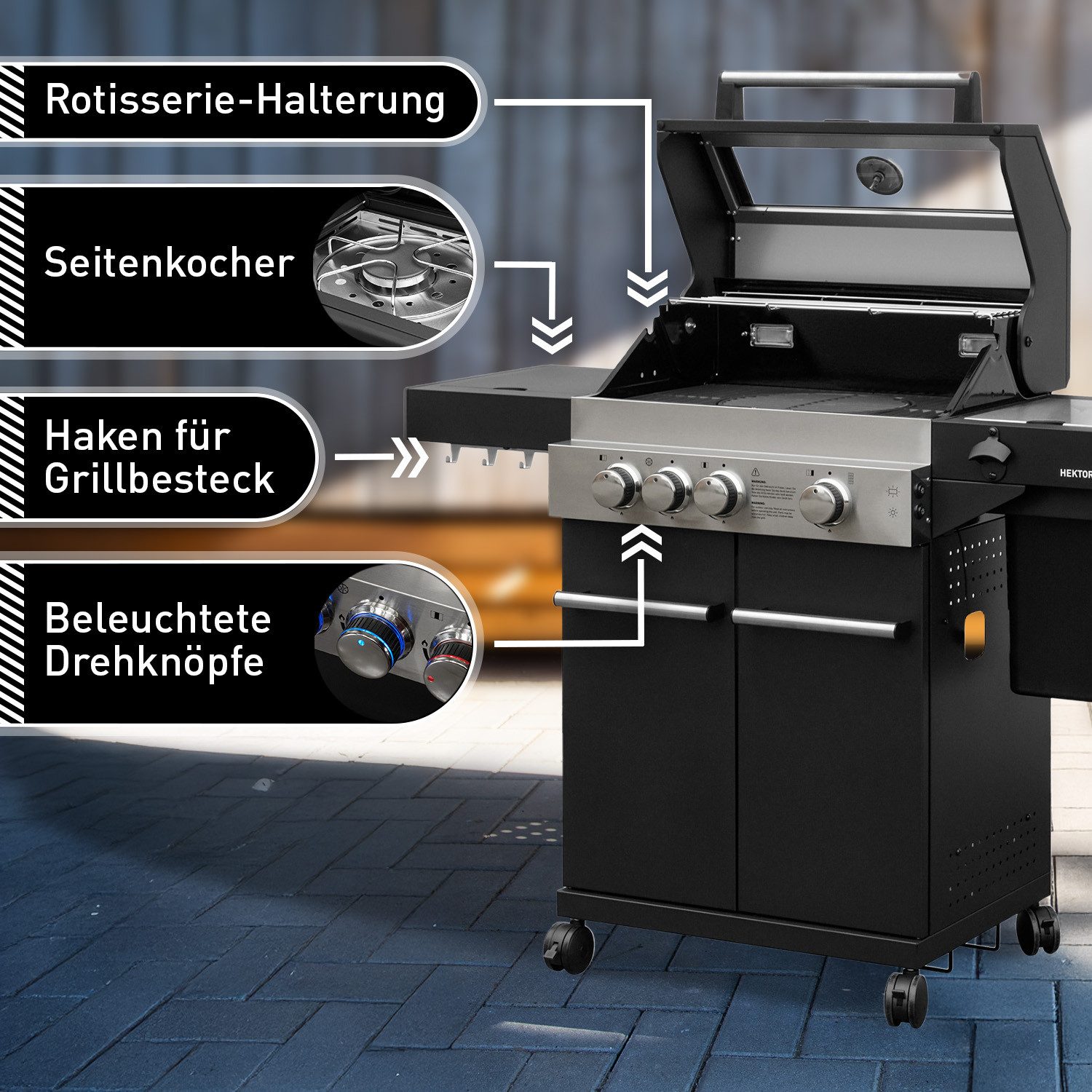 Feuergott Gasgrill FEUERGOTT Gas-Grillstation Hektor 3B-S inkl. Abdeckhaube + Drehspieß