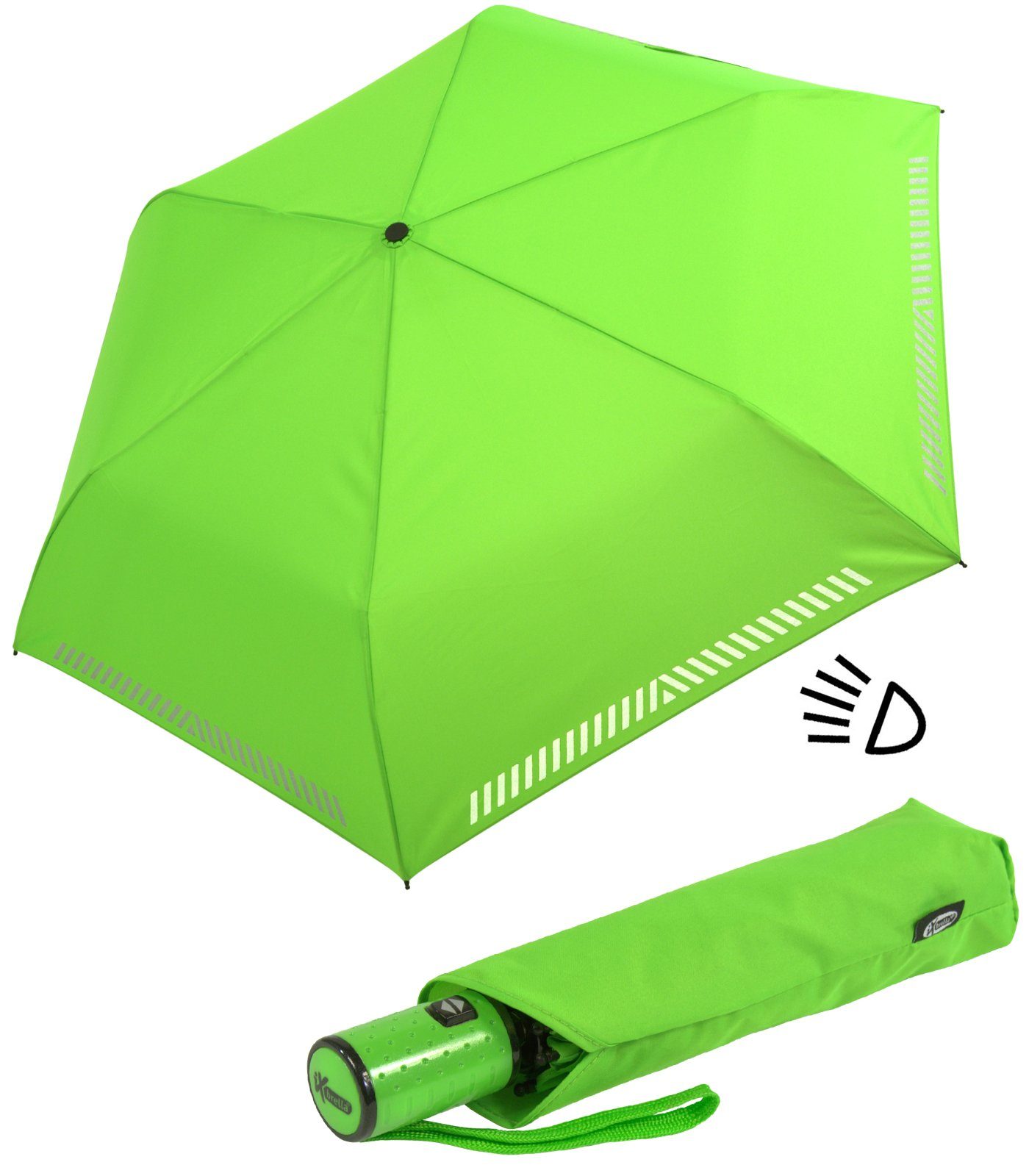 iX-brella Taschenregenschirm Kinderschirm mit Auf-Zu-Automatik, reflektierend, Sicherheit durch Reflex-Streifen - neon grün
