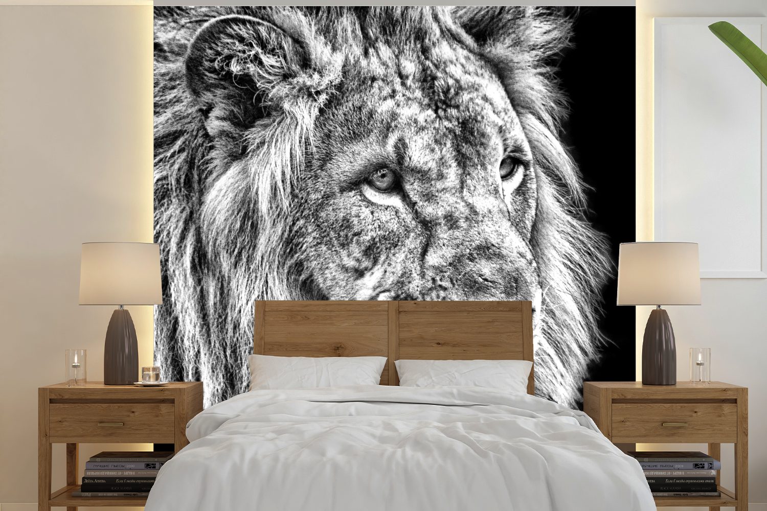 Schlafzimmer, Schwarz für Wandtapete bedruckt, Weiß, Tapete Matt, - oder (5 MuchoWow Vinyl Fototapete Wohnzimmer - Löwe Porträt - St),