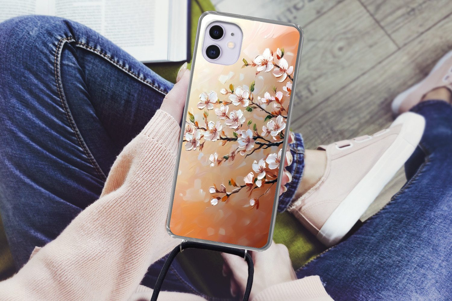 MuchoWow Handyhülle für Apple iPhone 12 Blütenzweige - Malerisch - Rosa, Tragbare Handyhüllen mit Kette zum umhängen, Handykette Handyband